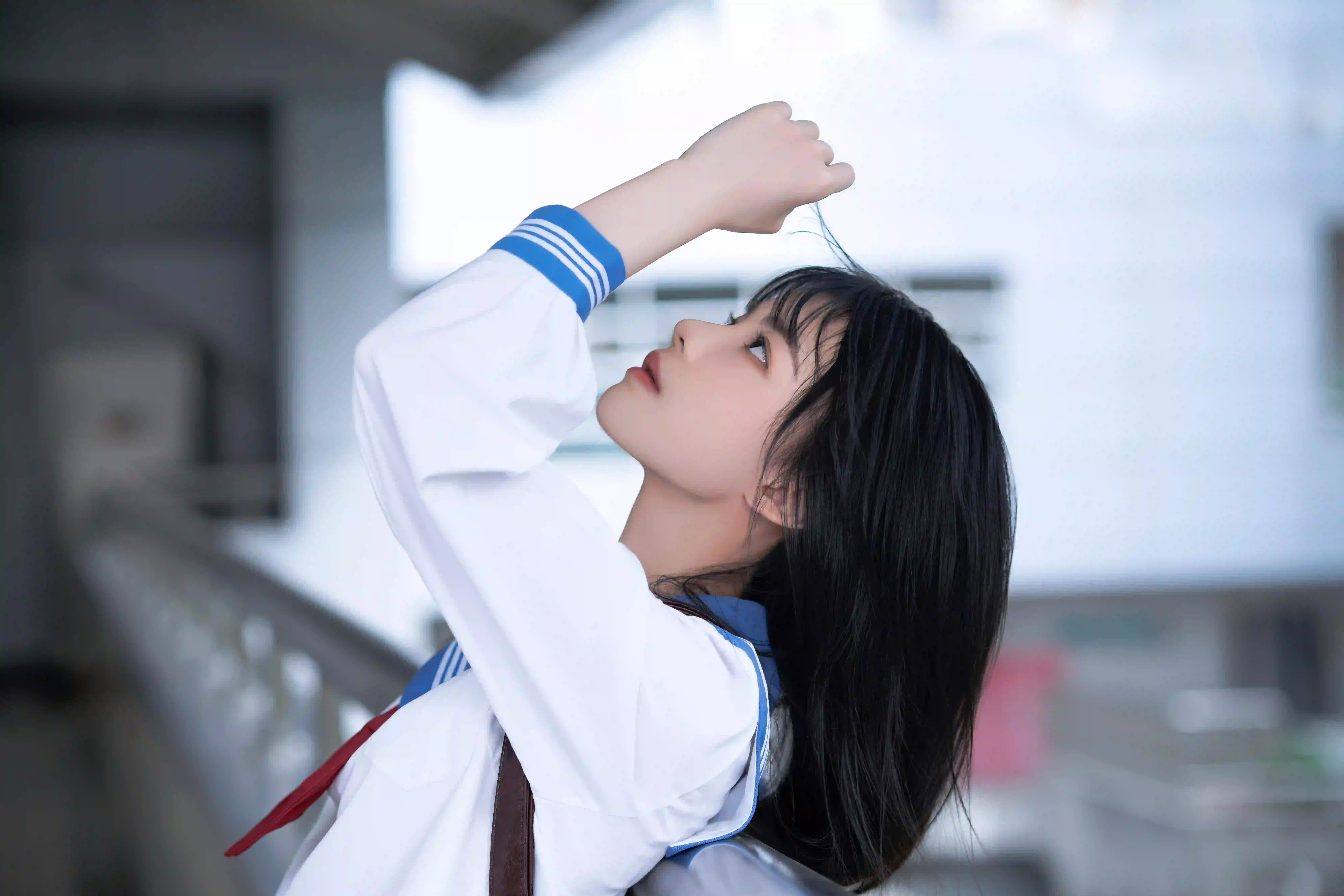 长发jk美女 学院风 白色衣服 