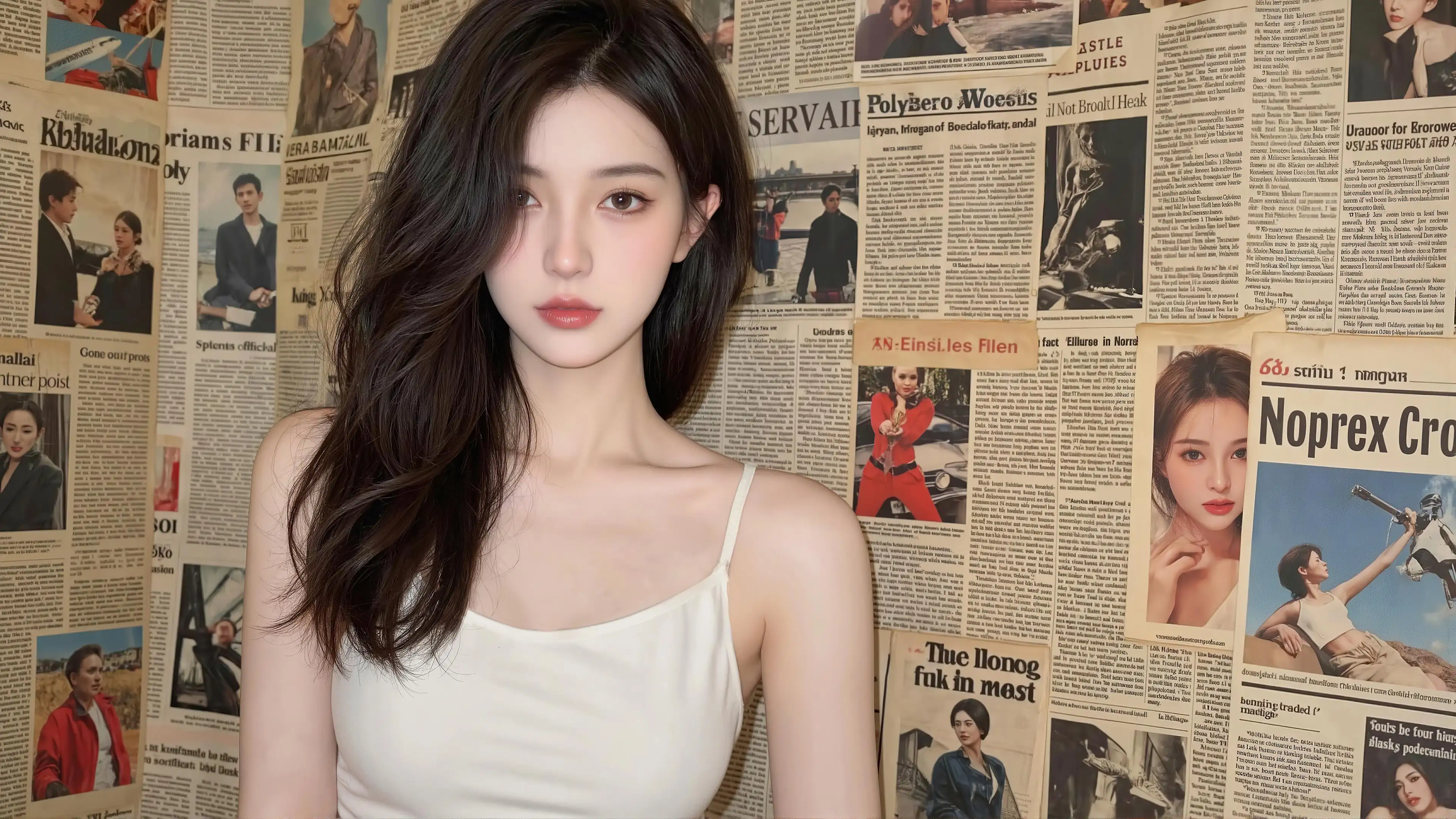 报纸墙漂亮长发美女4K动漫壁纸