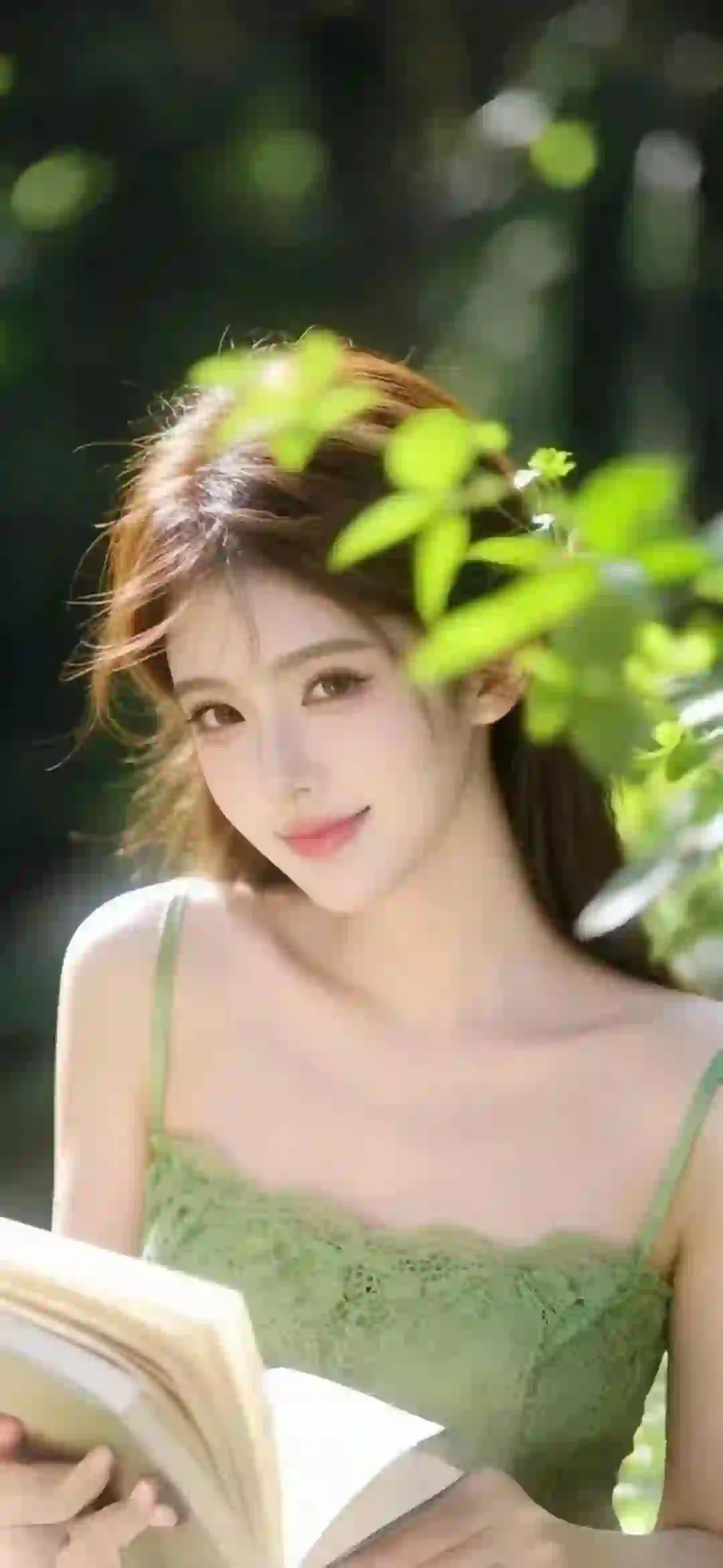 绿色 长发吊带美女 甜美 微笑 自然