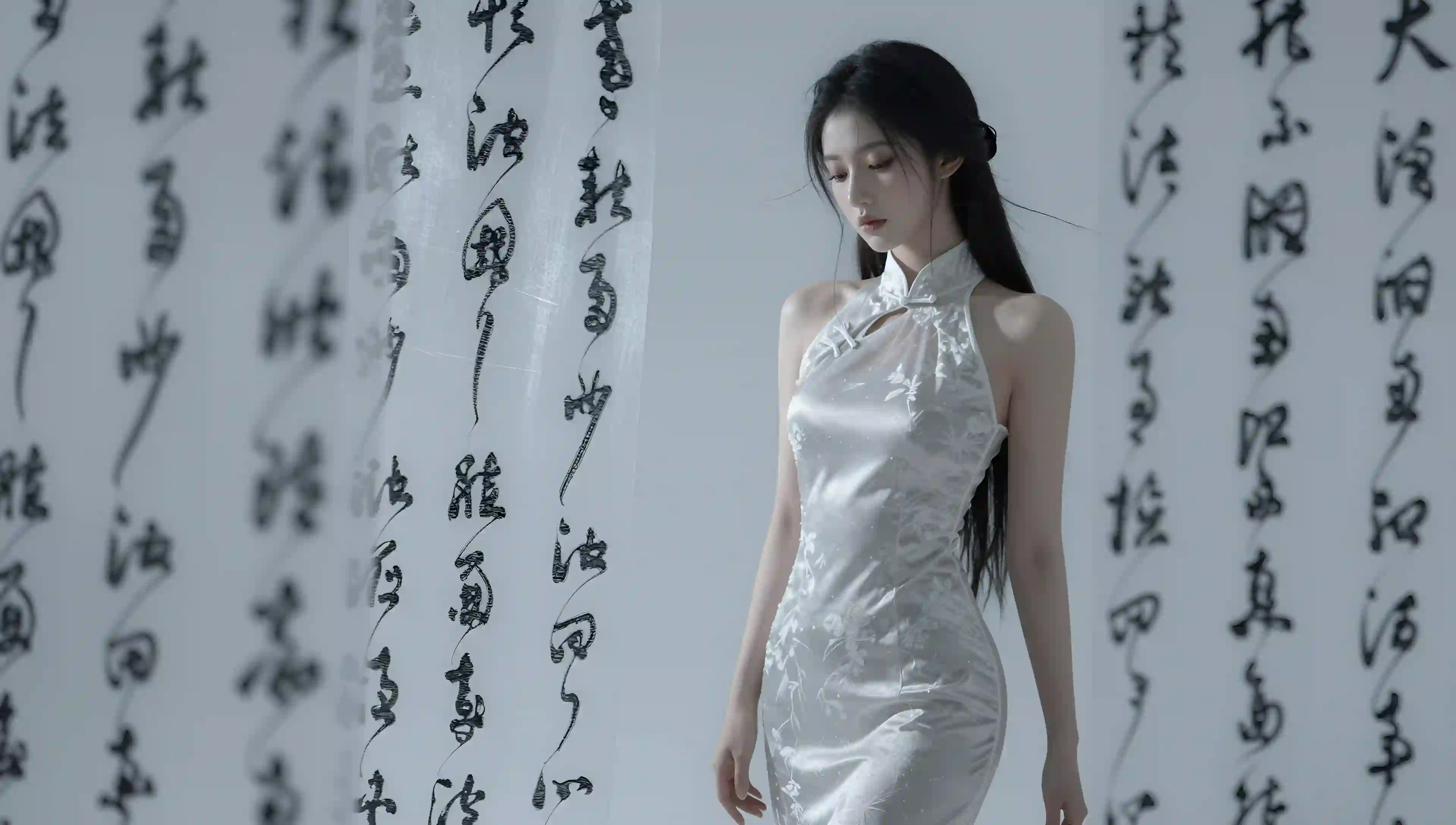旗袍美女 书法背景 古风写真 刺绣花纹 优雅气质