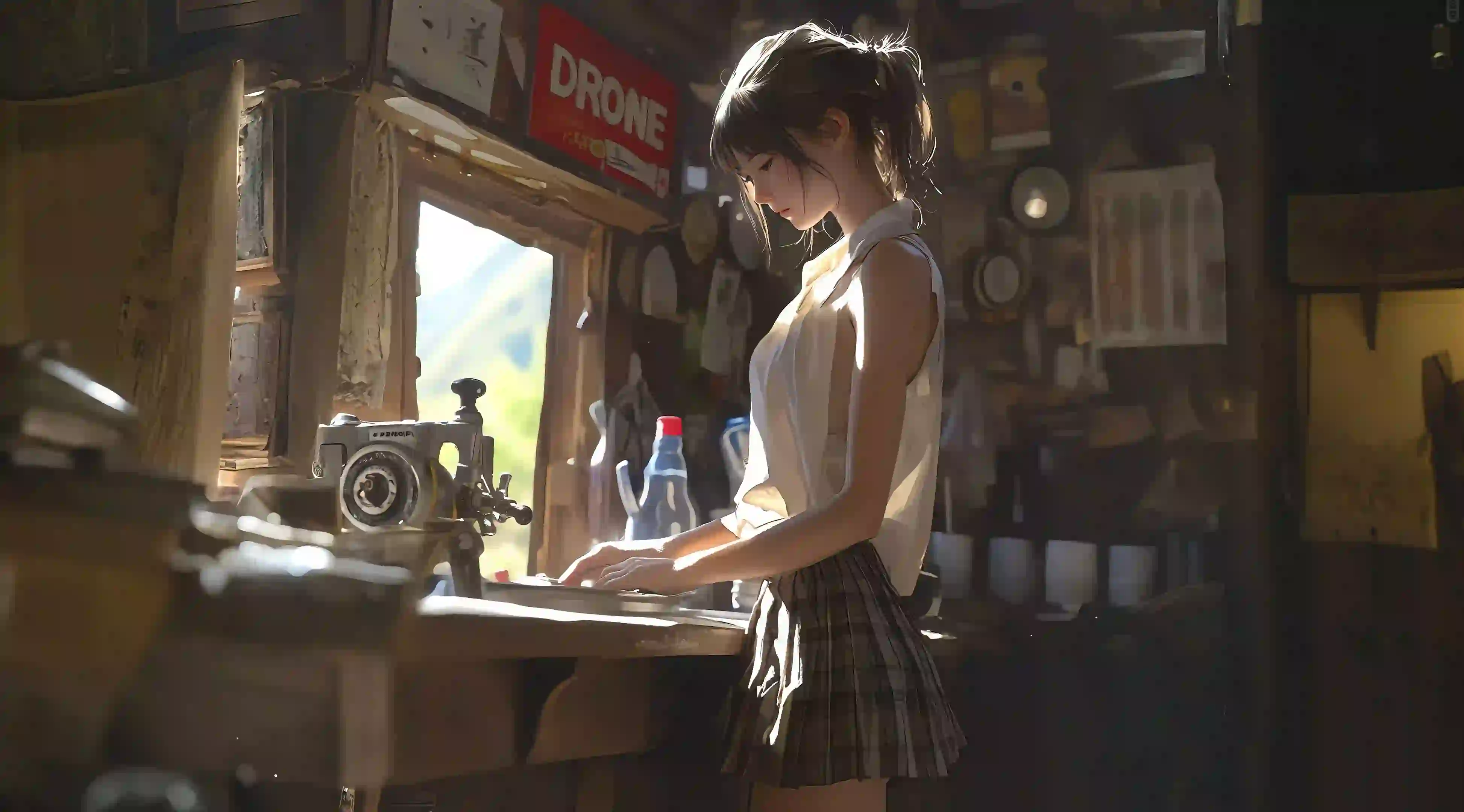 ai 居家 扎起头发的jk美女 
