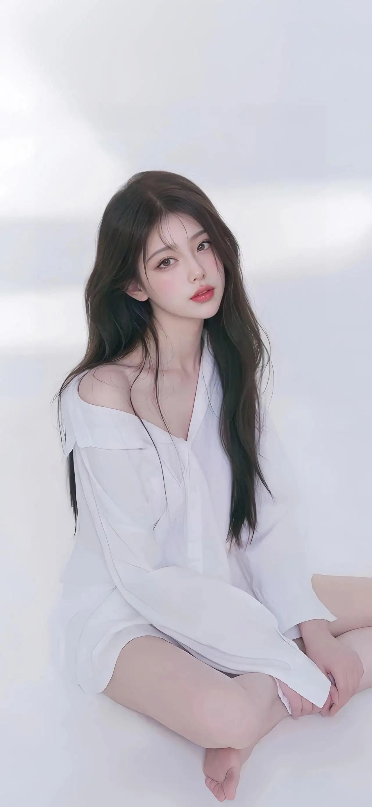 穿着白色衬衫，坐在地板上，小露香肩的AI美女