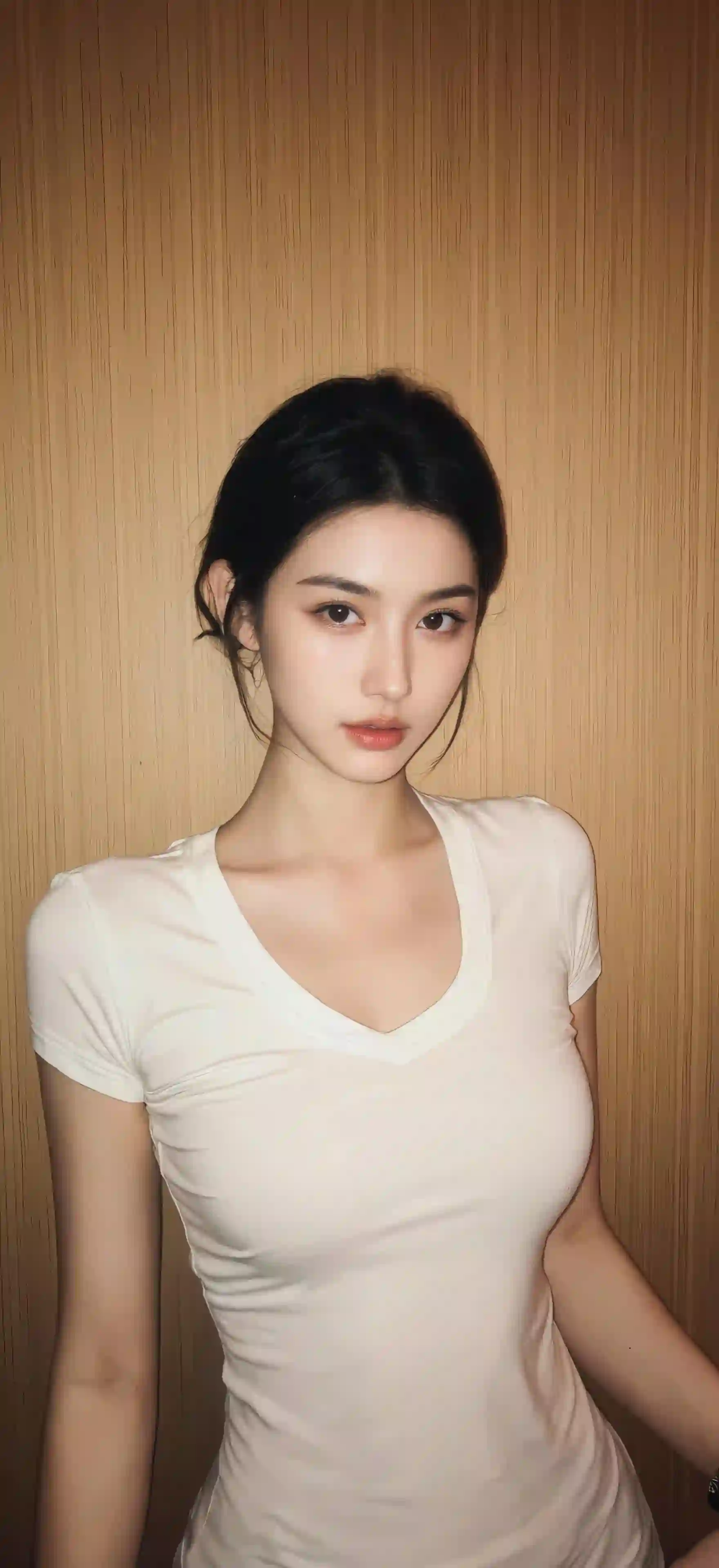 一位年轻女性穿着白色V领T恤 背景为木质墙壁 表情自然 气质清新