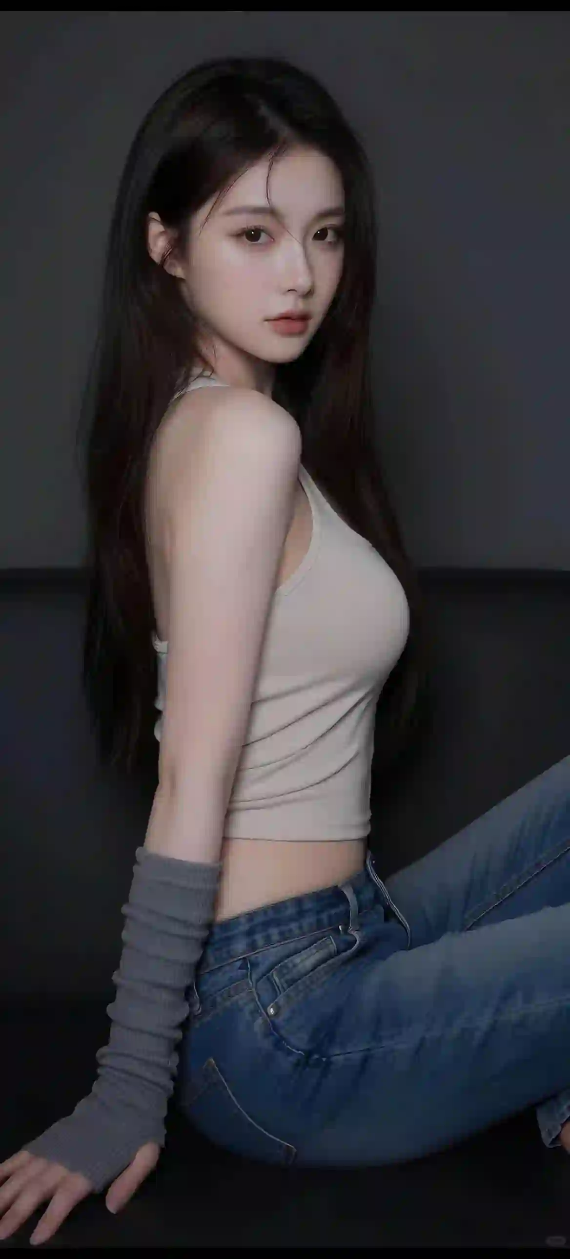 长发女孩 简约穿搭 米色吊带 牛仔裤 灰色袖套 深色背景 坐姿