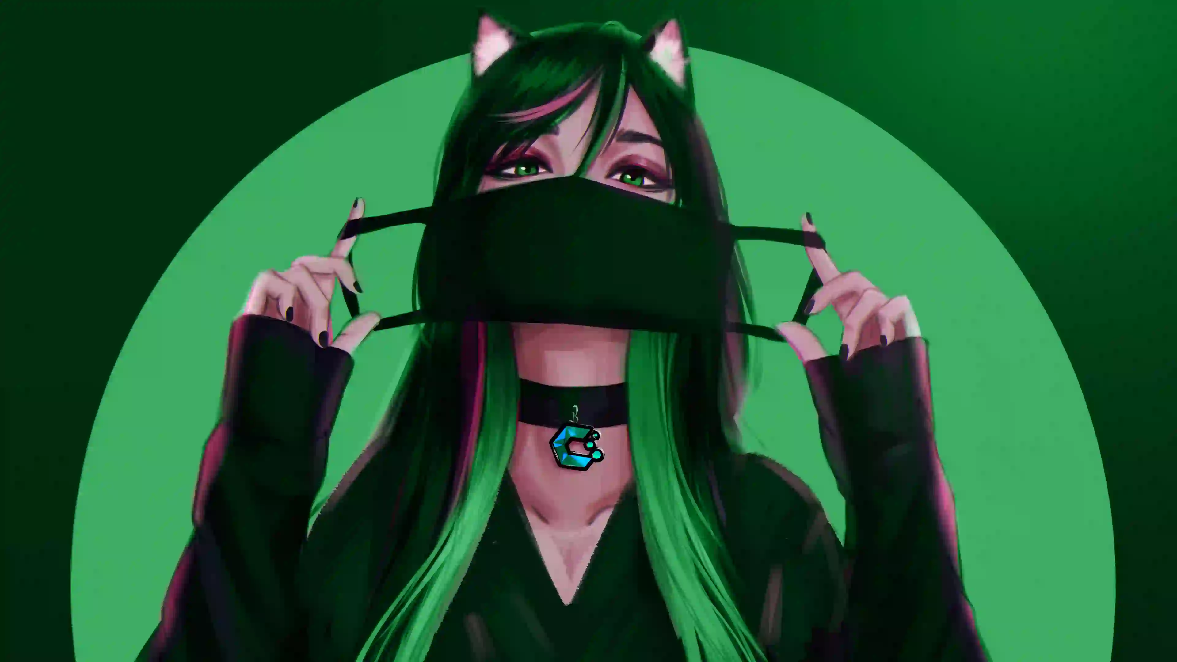 动漫女孩 绿色长发 可爱猫耳 口罩