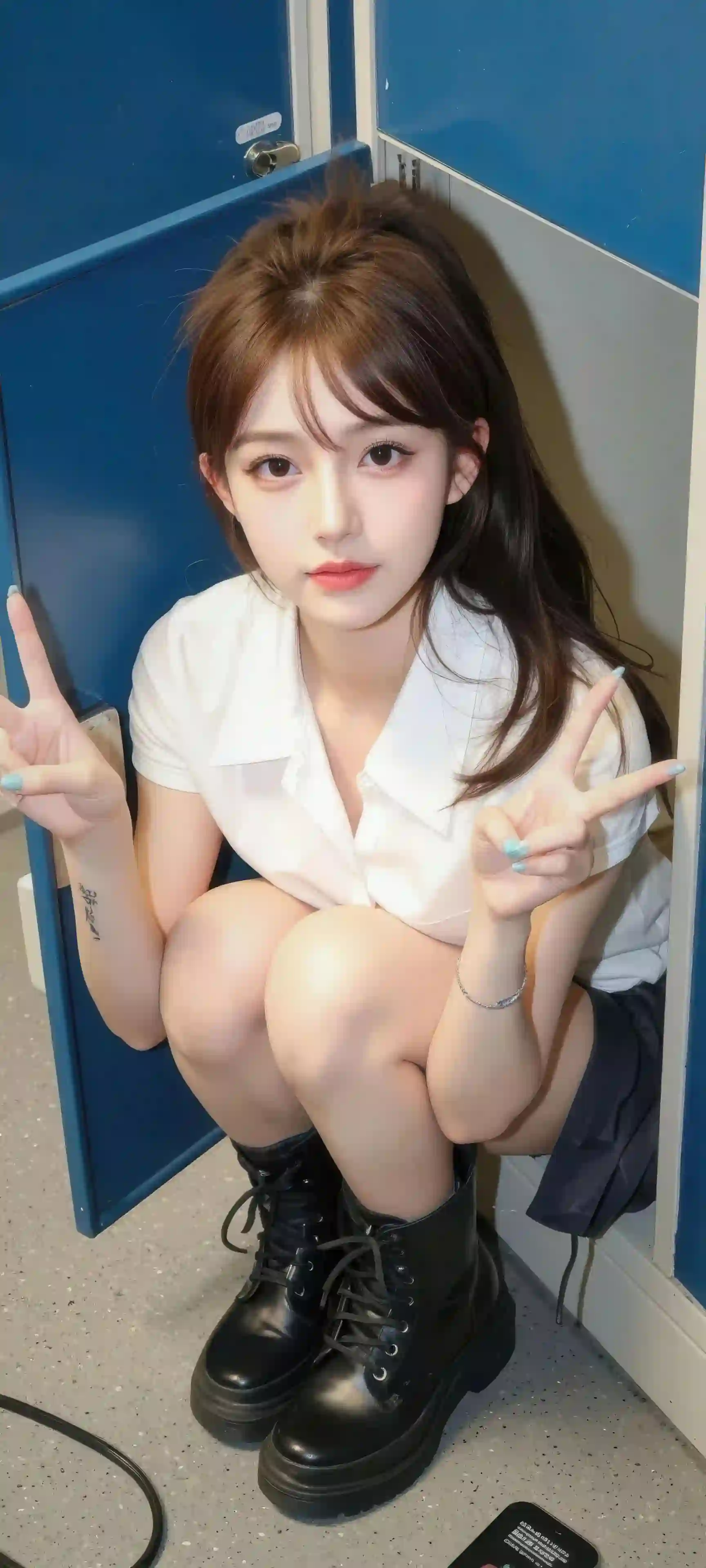 甜酷少女 高马尾 可爱 比耶 长腿美女 白色衬衫