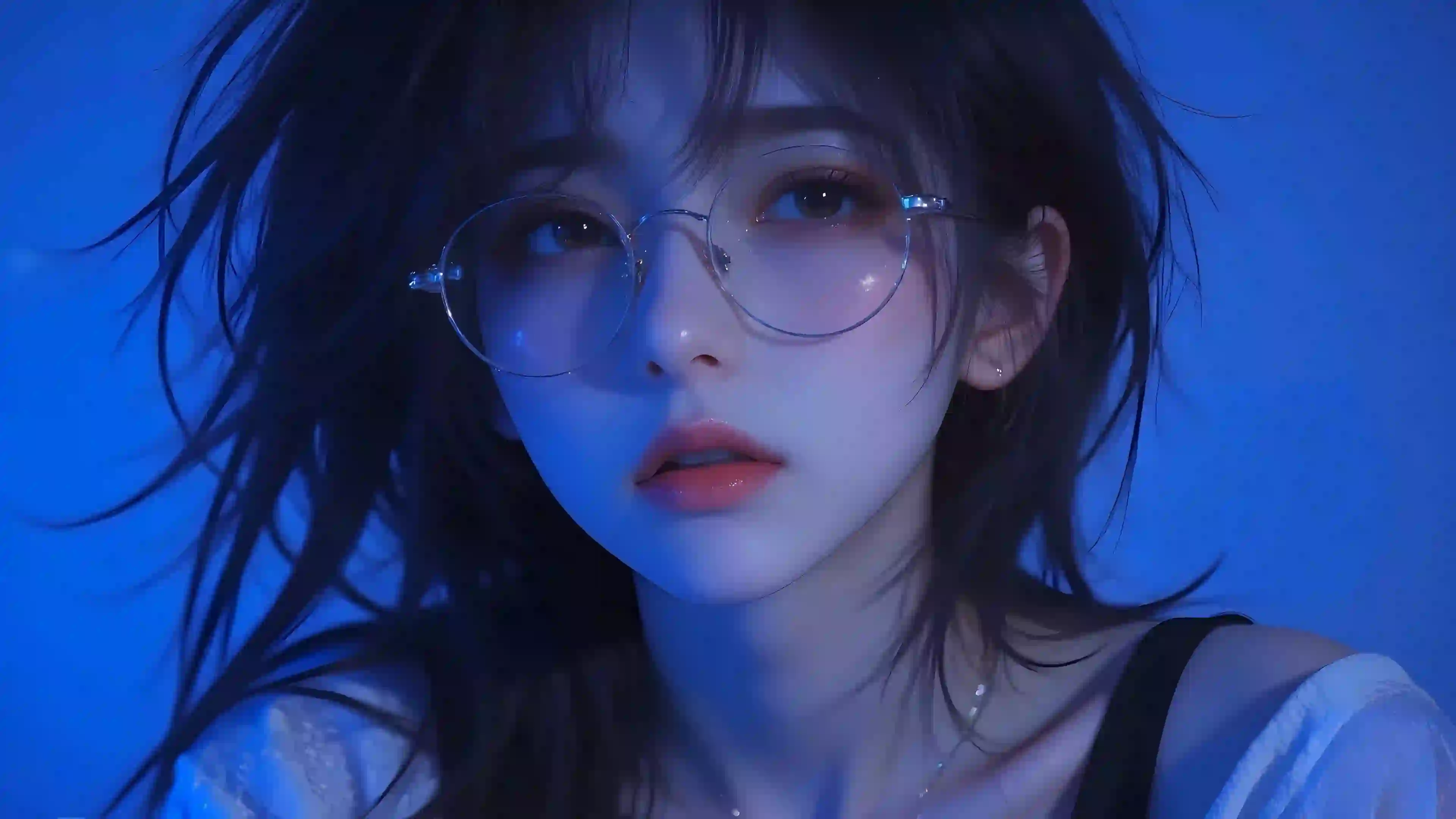 戴眼镜美女人物 蓝色背景 