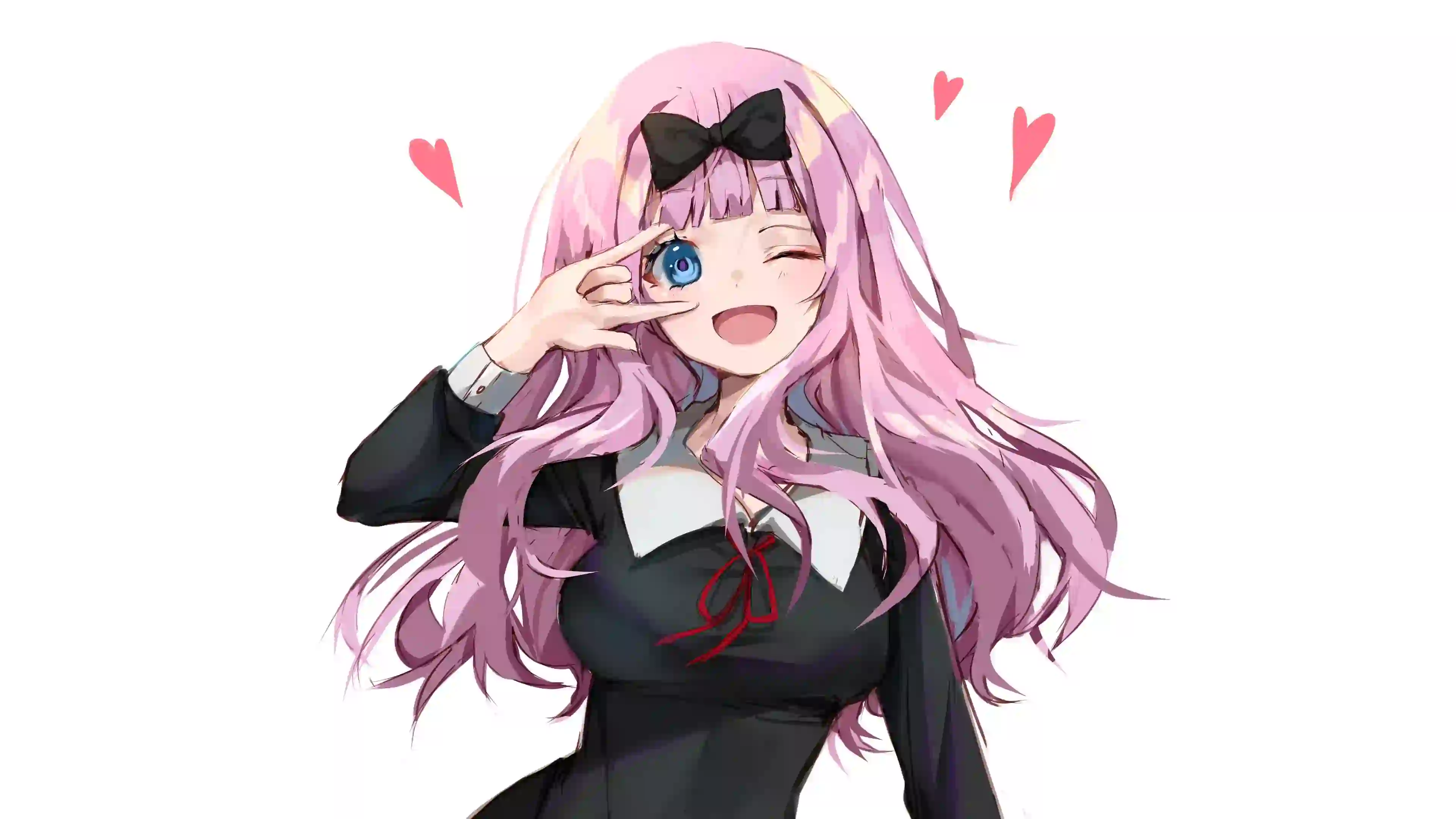 可爱动漫女孩 二次元 爱心 粉红色头发 wink 白色背景