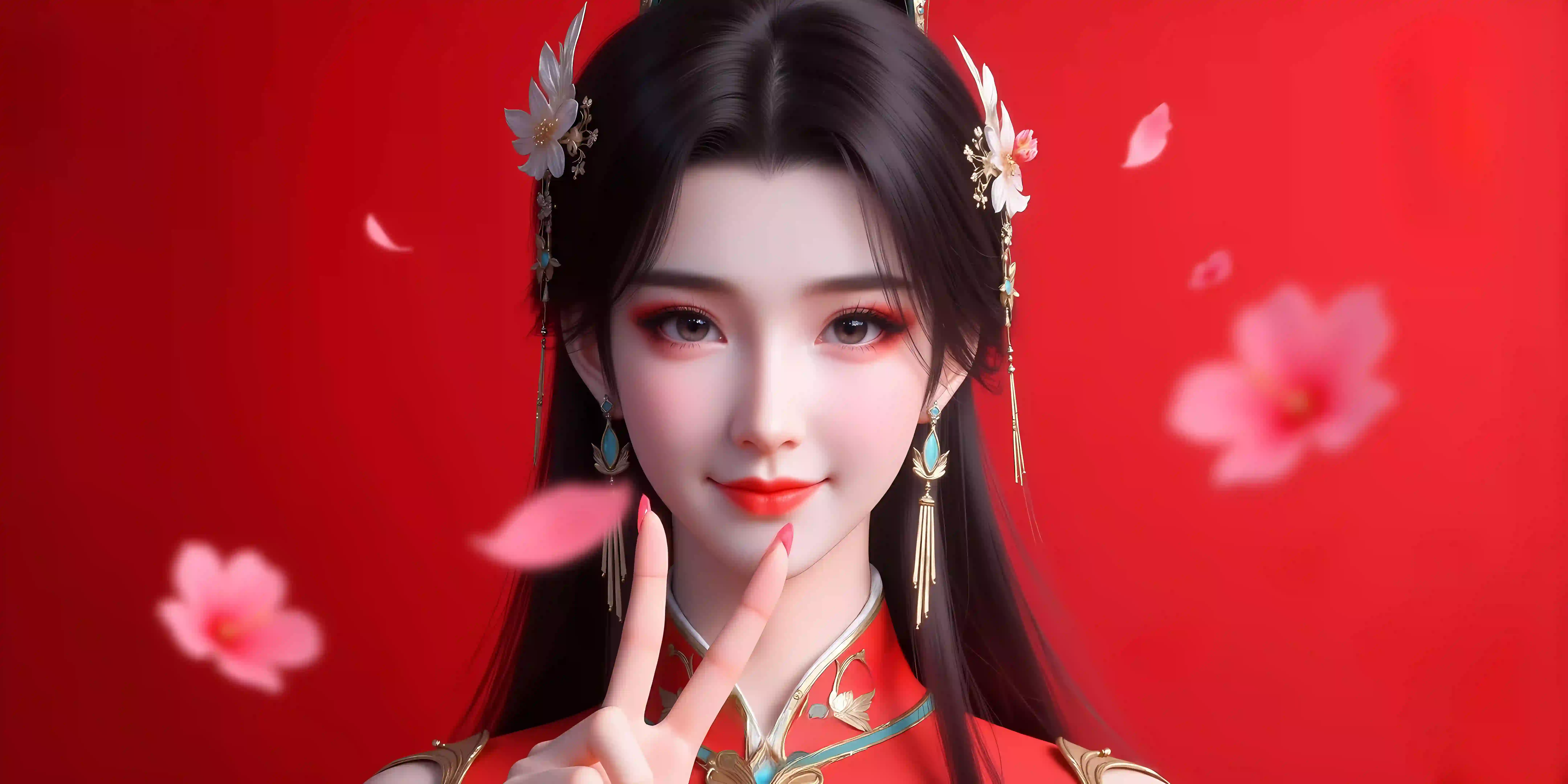 长发美女 ai 动漫角色 萧薰儿 红色背景 红色衣服
