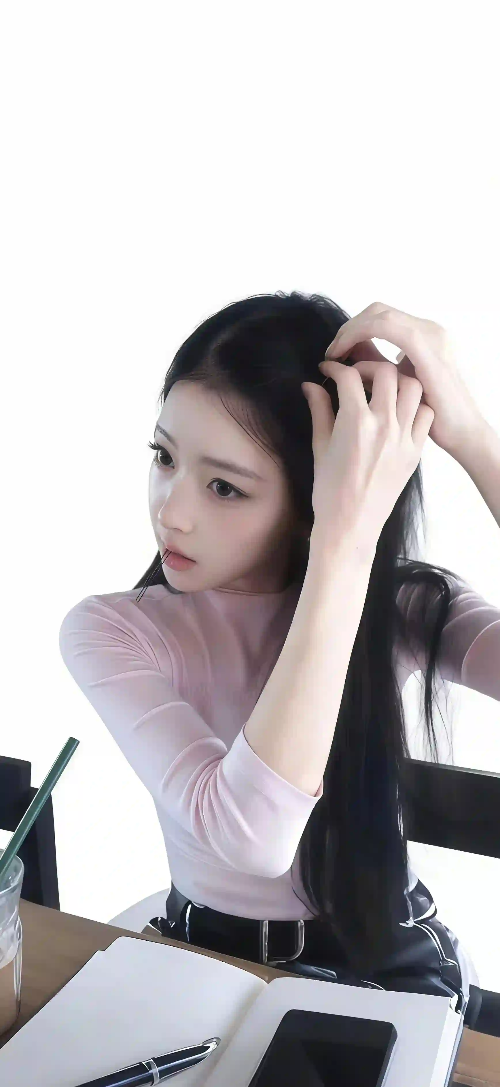 粉色上衣女孩 桌前整理长发 清纯人像 简约背景