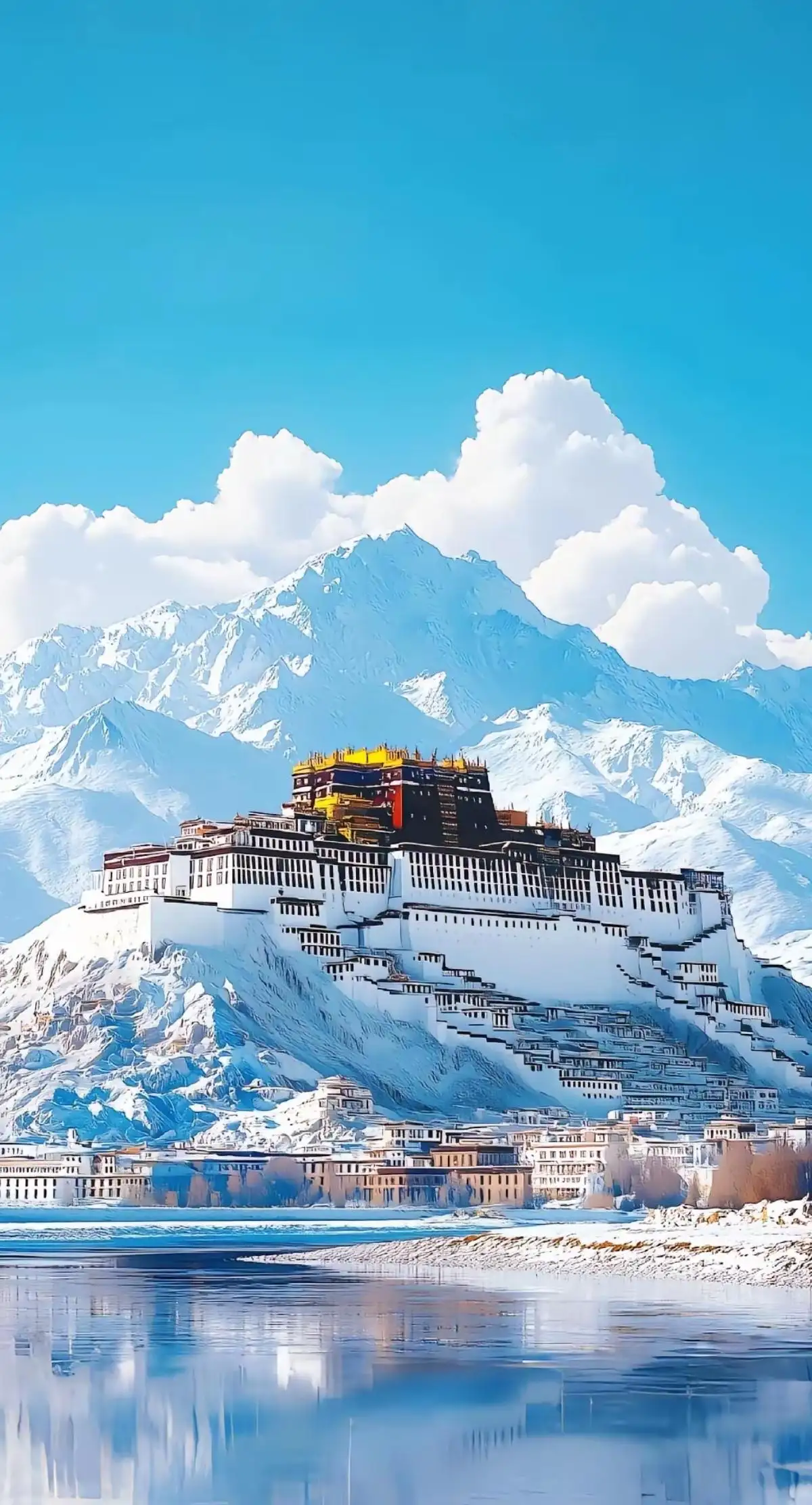 布达拉宫，雪山，天空，白云，景色