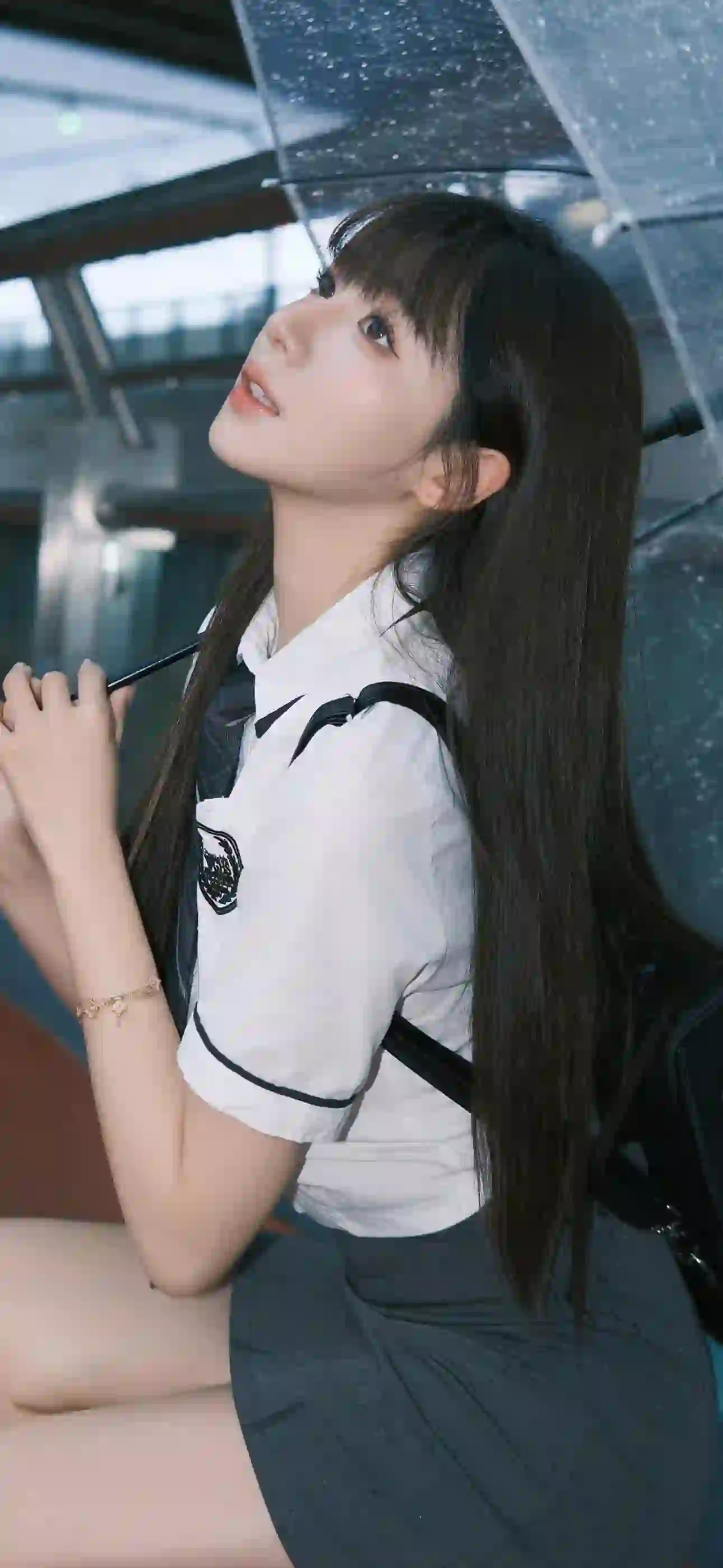 雨伞 长发jk美女 户外
