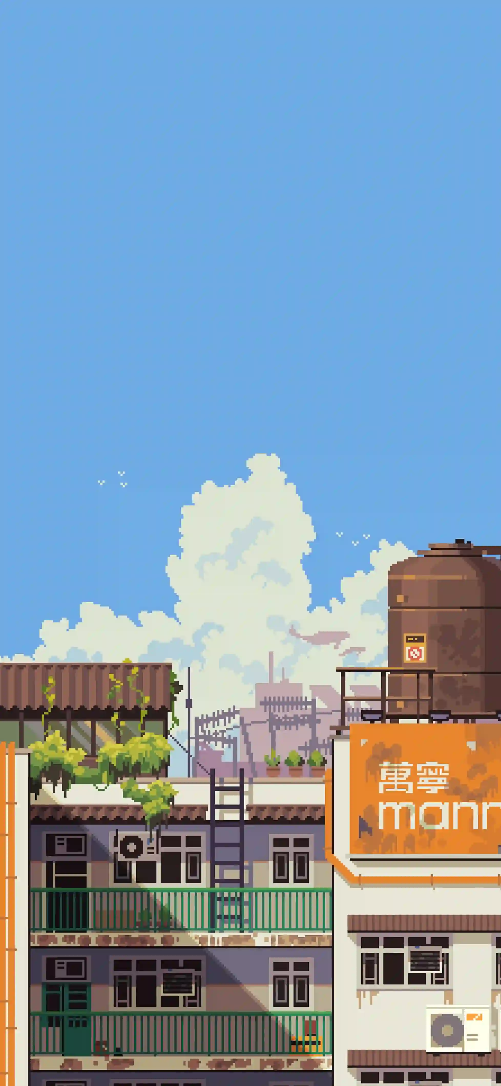像素艺术 城市建筑 蓝天白云 像素风 插画