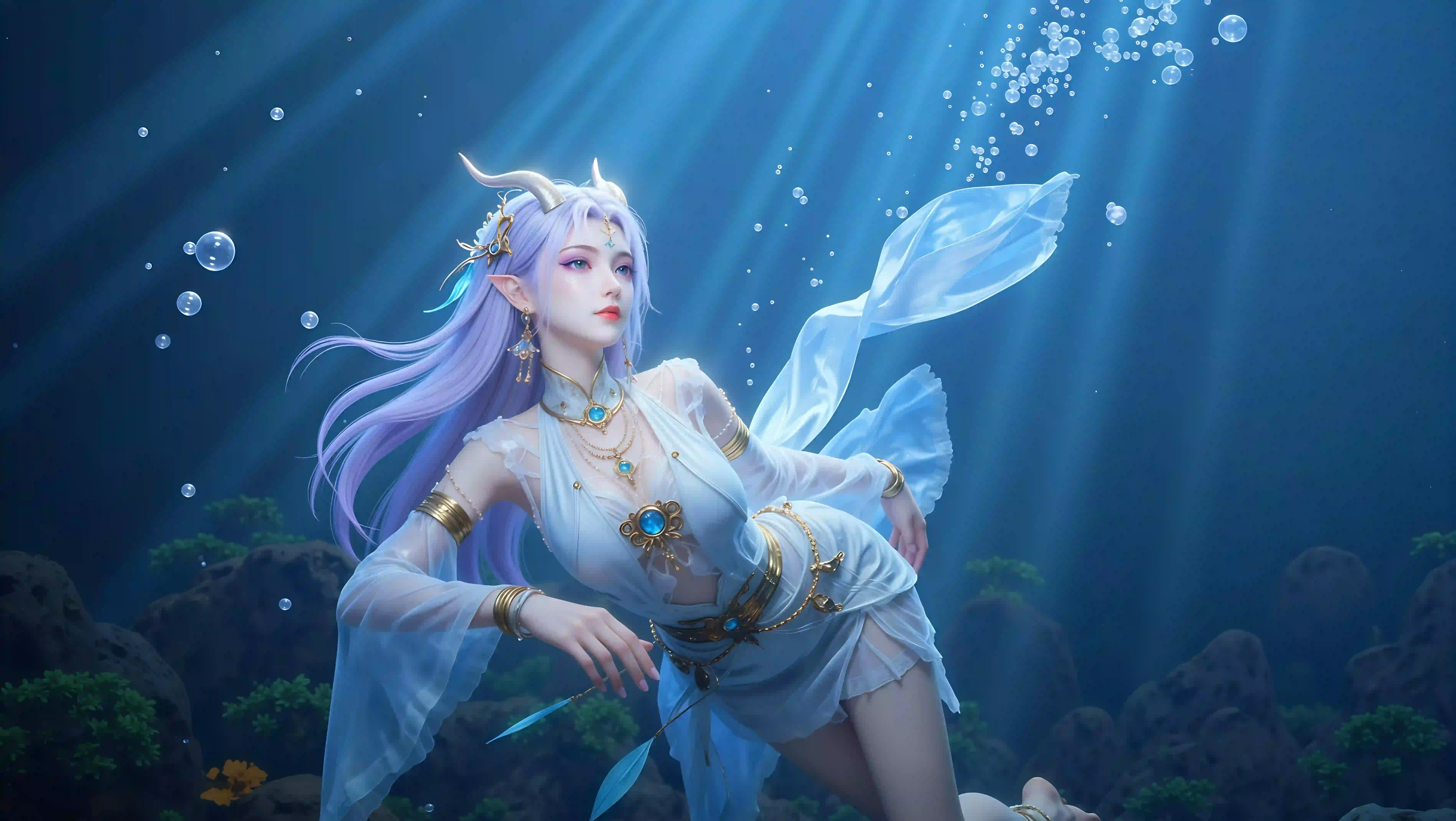 动漫角色 水下 白色裙子 二次元