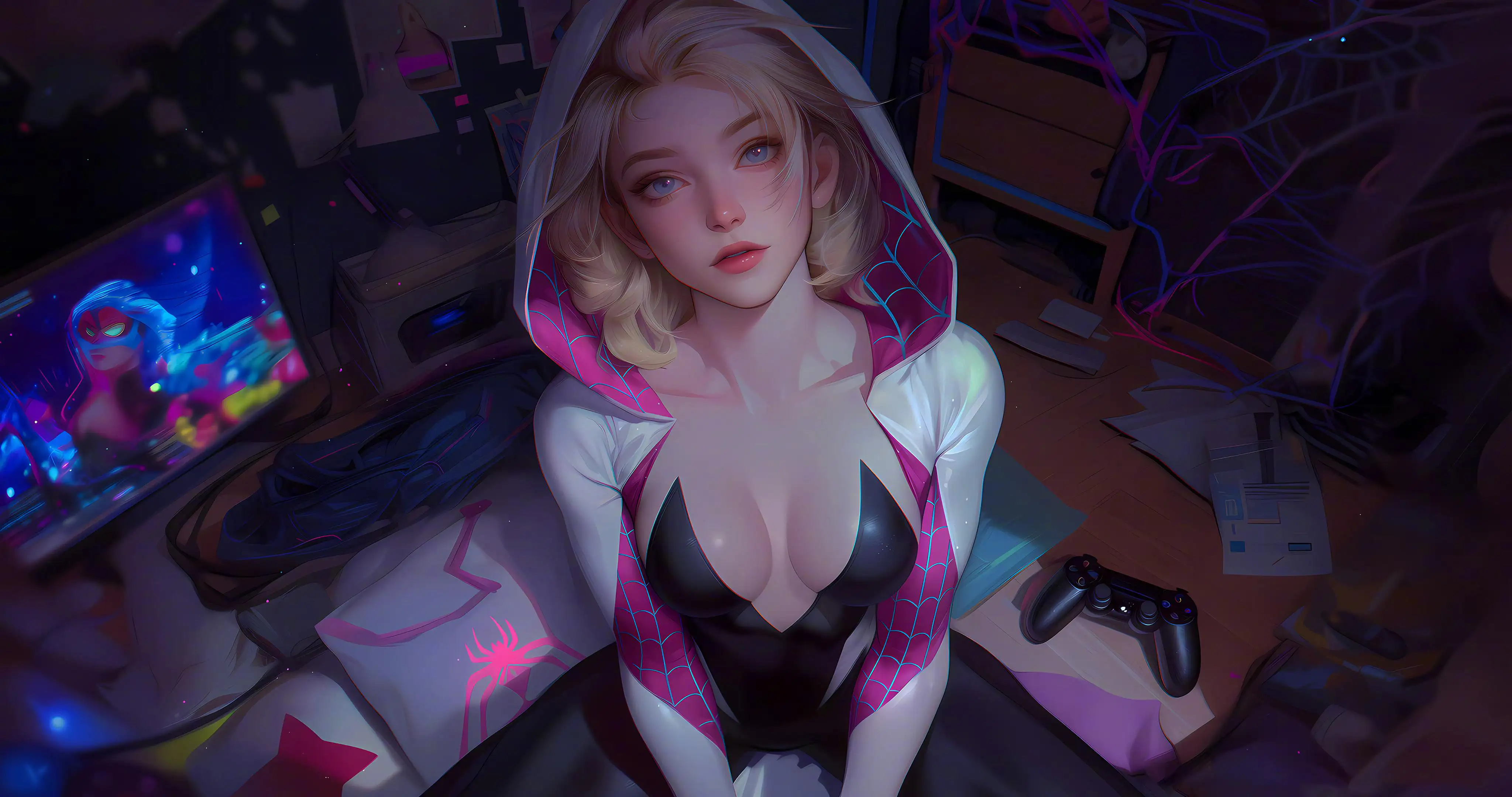 坐在地板上，穿着蜘蛛侠衣服，斗篷衣的性感AI美女电玩房