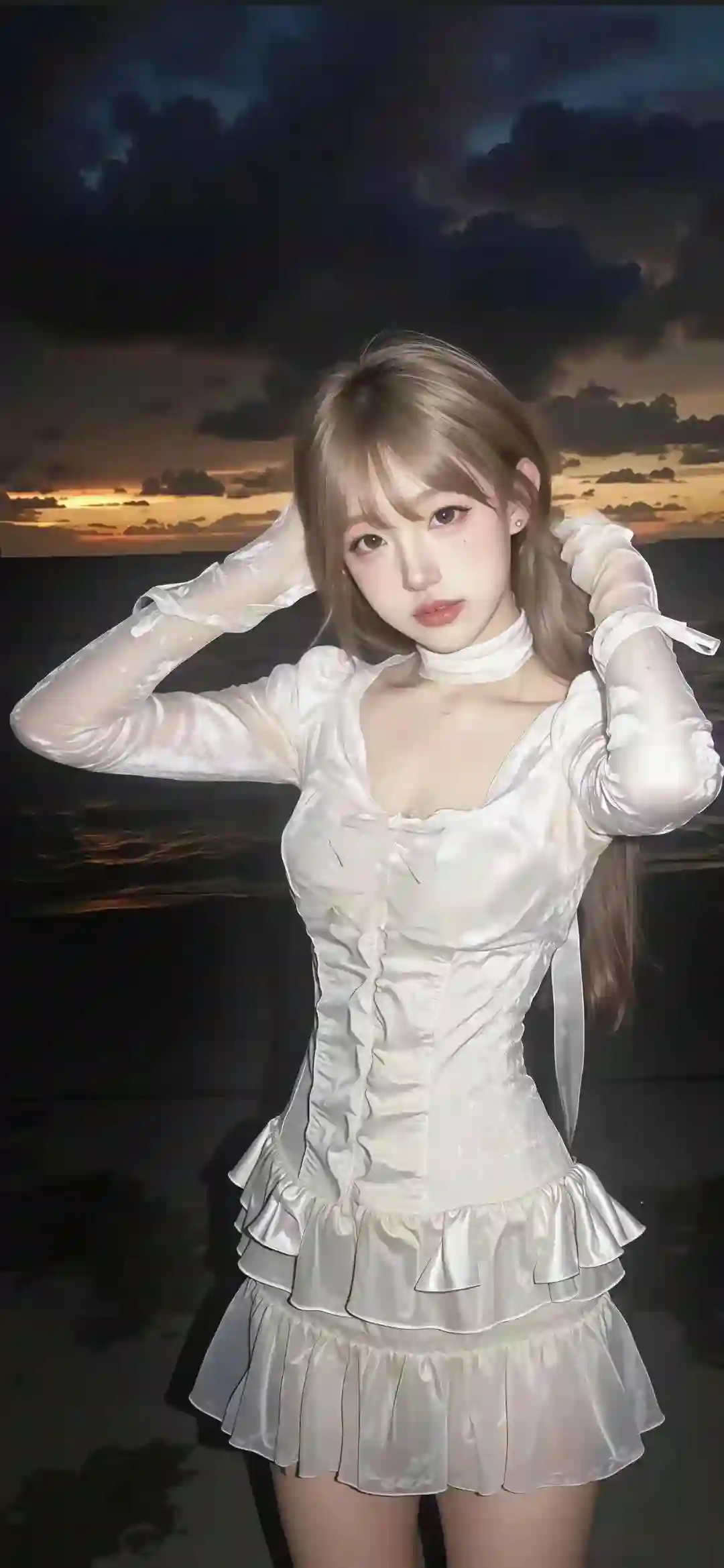 长发白裙美女 长发美女 白色裙子 户外写真 夜晚