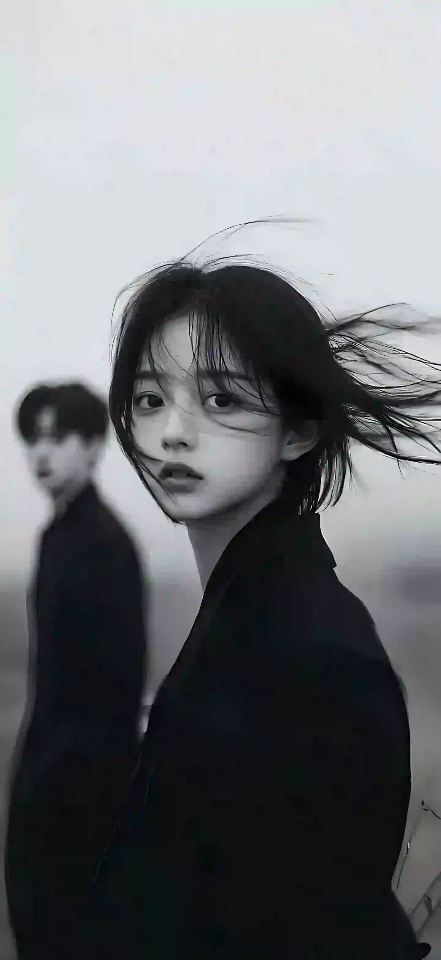 微风吹拂 黑白风格 长发美女 黑色西装