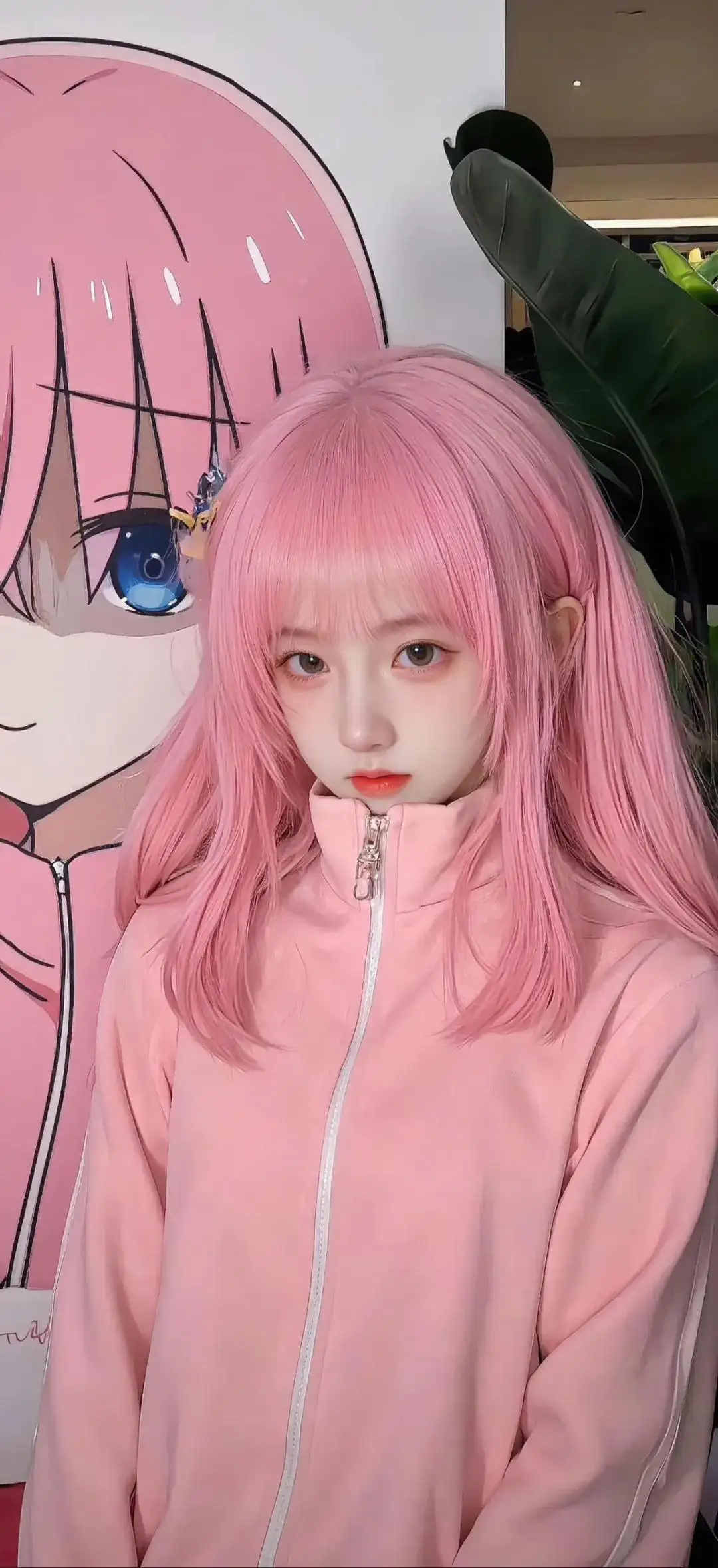 可爱萌萌哒粉色头发粉色衣服女孩