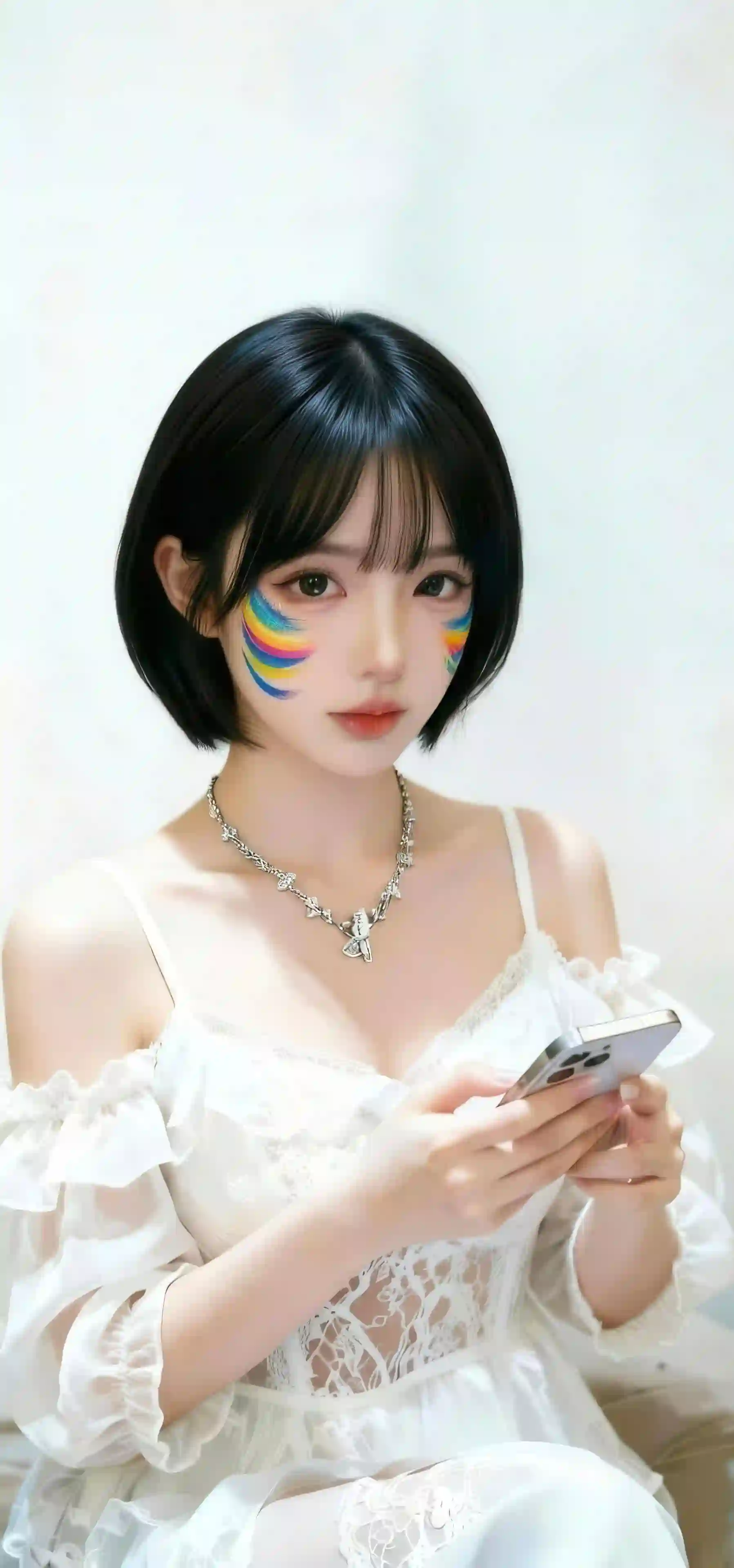 黑短发女孩 彩虹眼妆 白色蕾丝裙 人像壁纸
