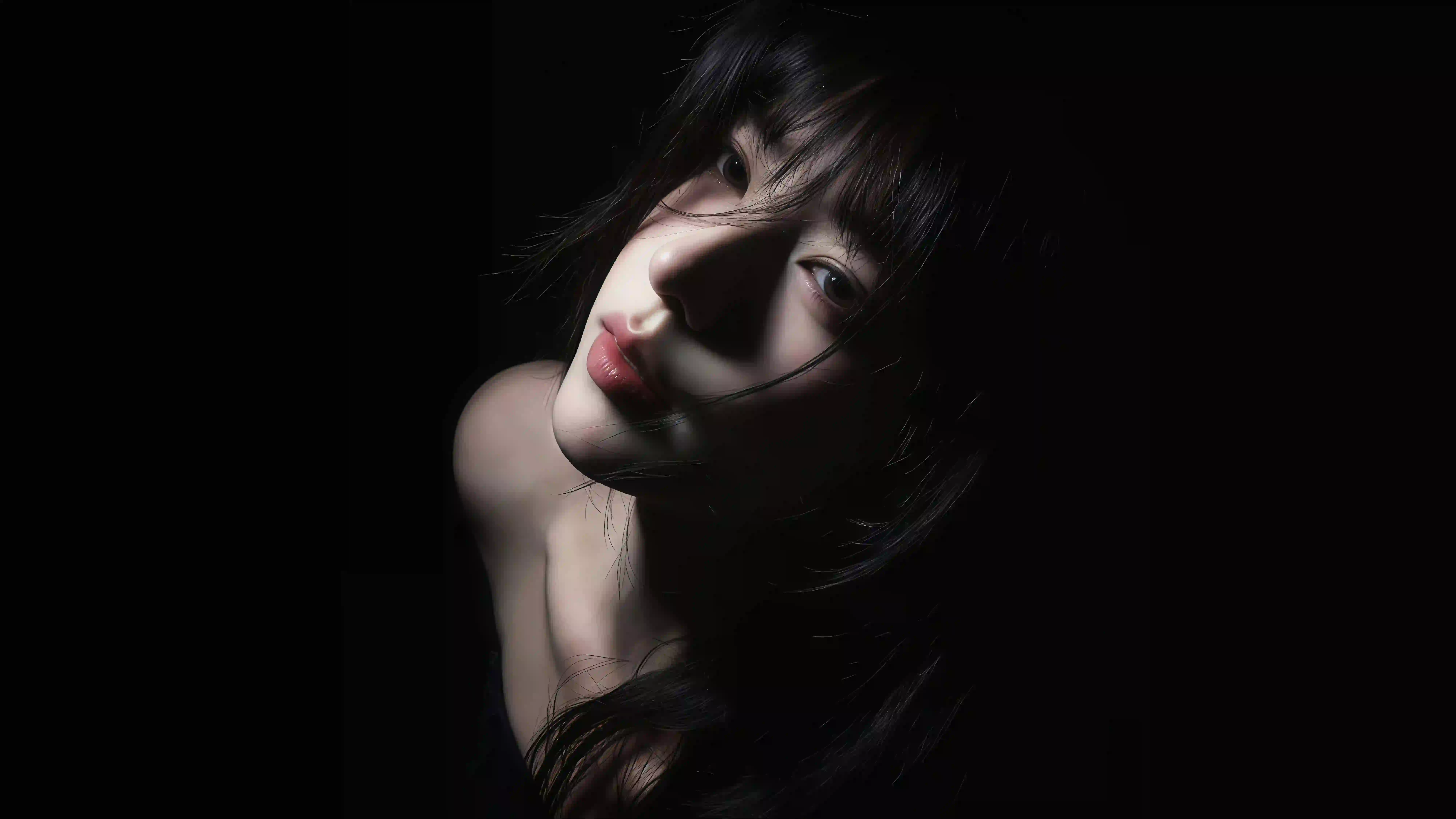 光影 长发性感美女 纯色背景 黑色