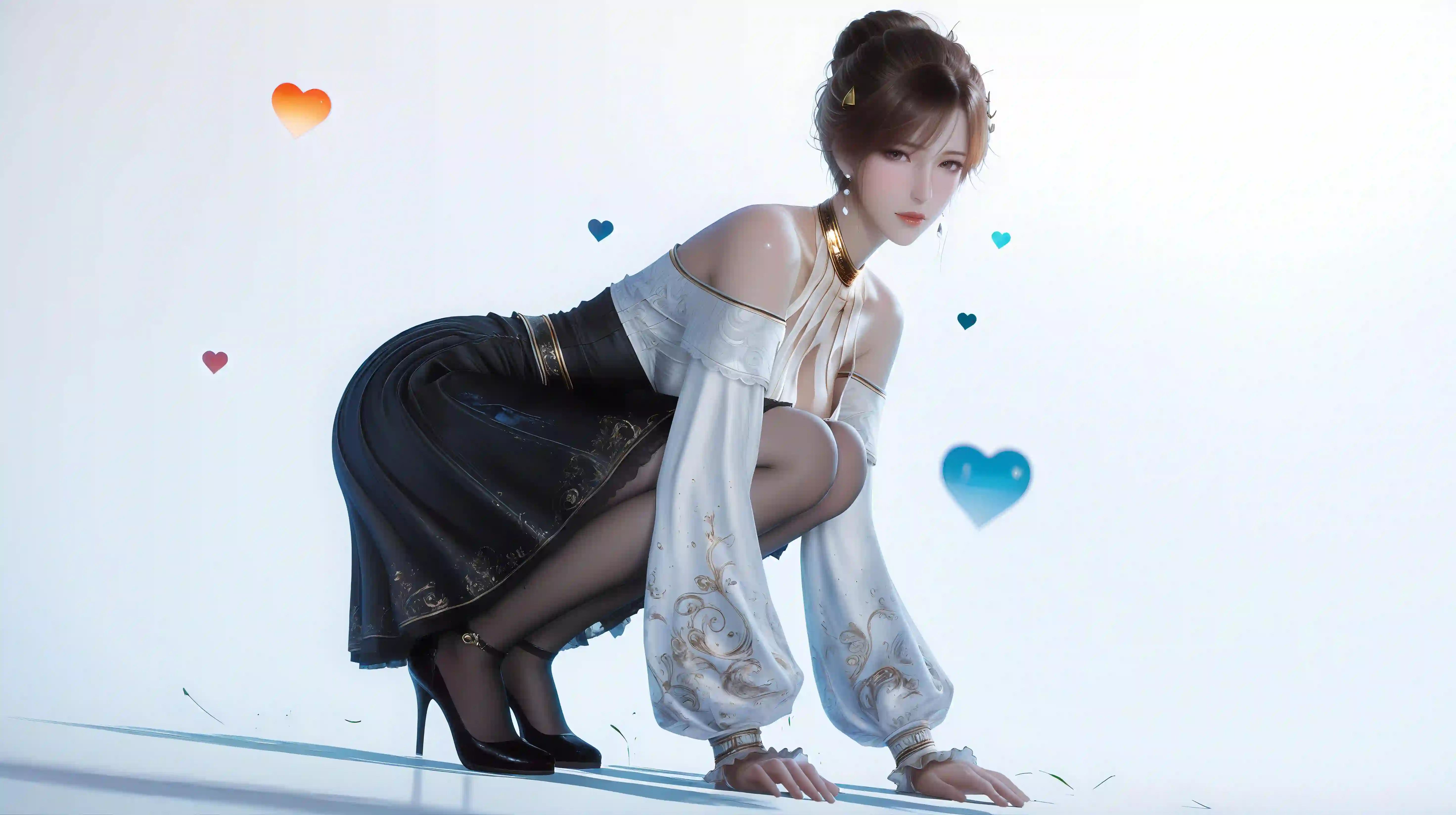 长发美女 黑色裙子 古风 性感 黑丝 高跟