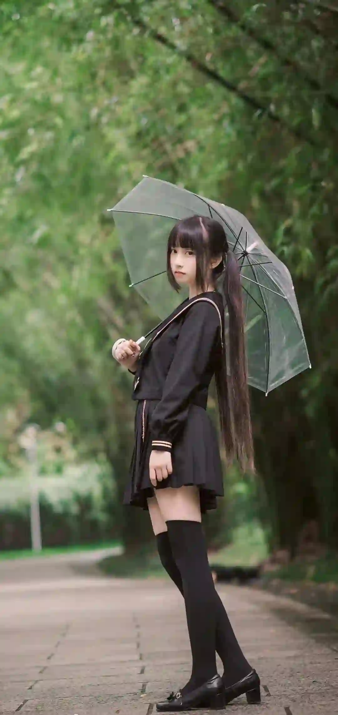 雨伞 长发美女 丝袜 户外 jk穿搭  双马尾
