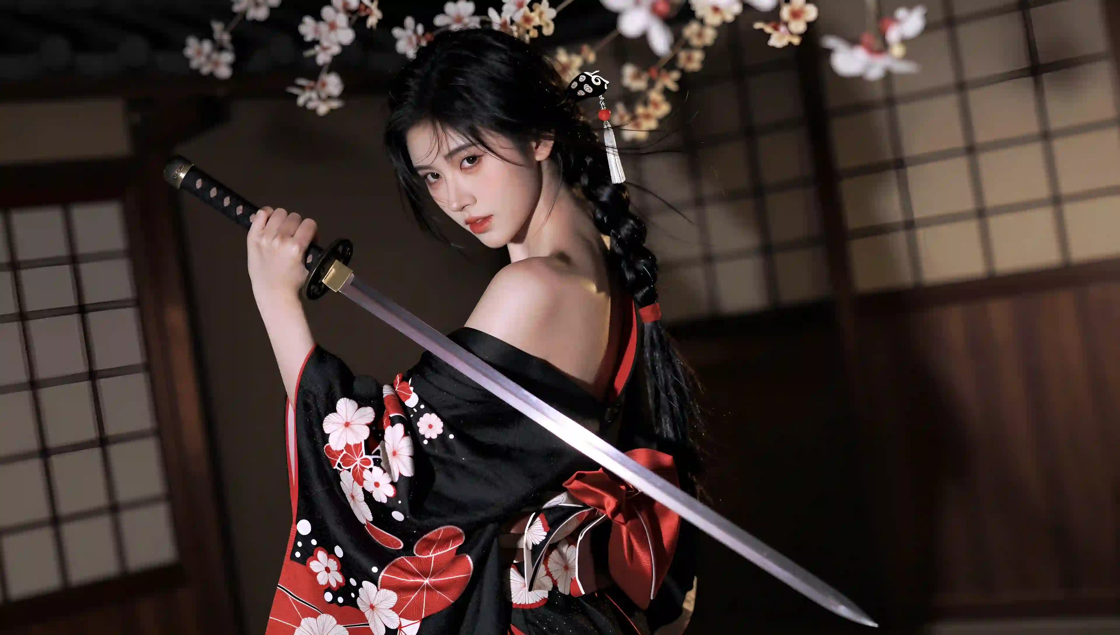 樱花 和服 少女 武士刀 日式 摄影 壁纸