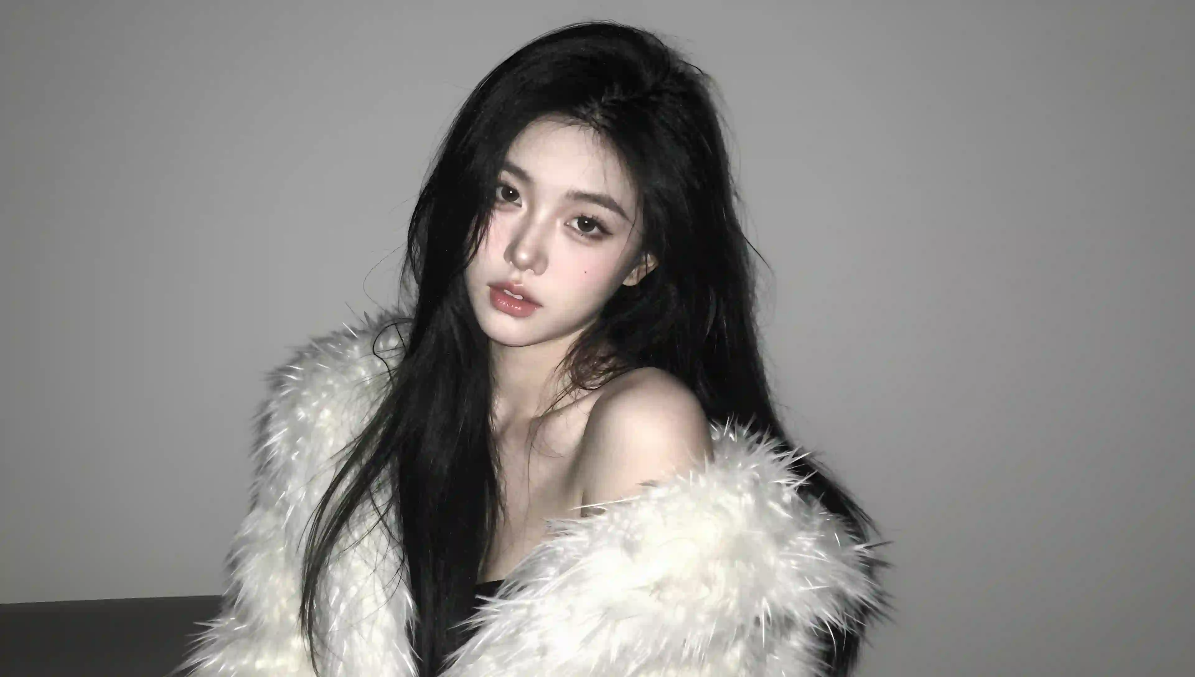 美女 黑发 白色毛绒外套 优雅 肖像 灰色背景
