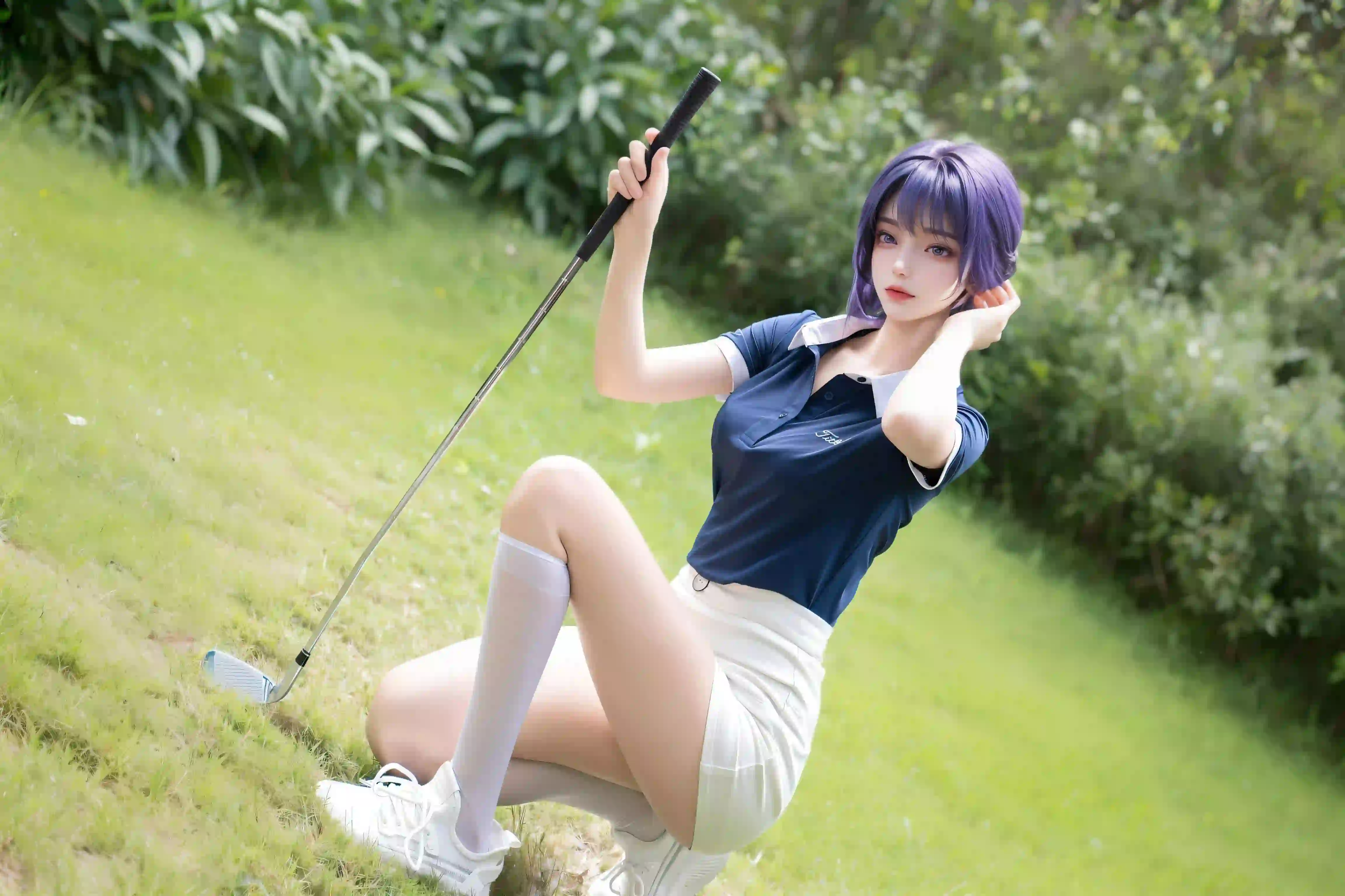 ai女孩 紫色头发 户外 包臀裙 长腿丝袜美女