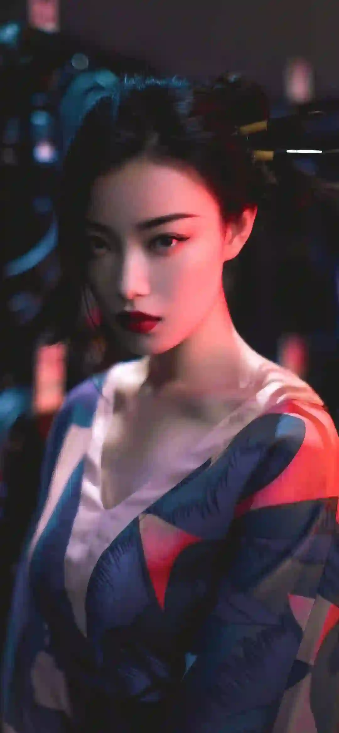 古风 和服 美人 肖像 红蓝光影 暗调氛围 精致妆容