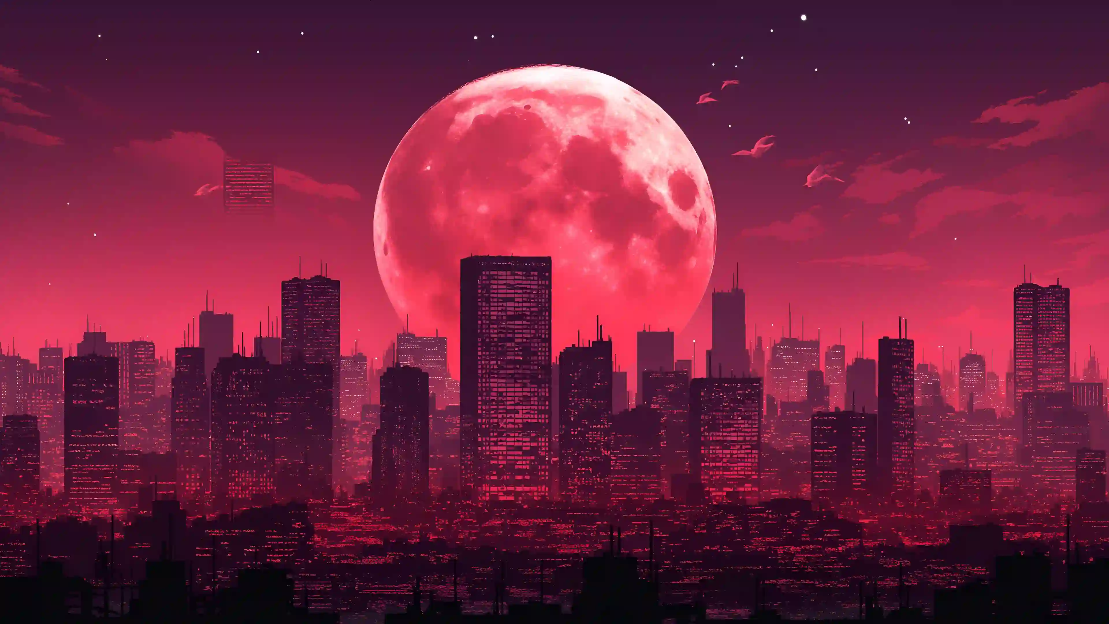 红色满月 城市夜景 紫红天空 剪影 梦幻 神秘 艺术 风景