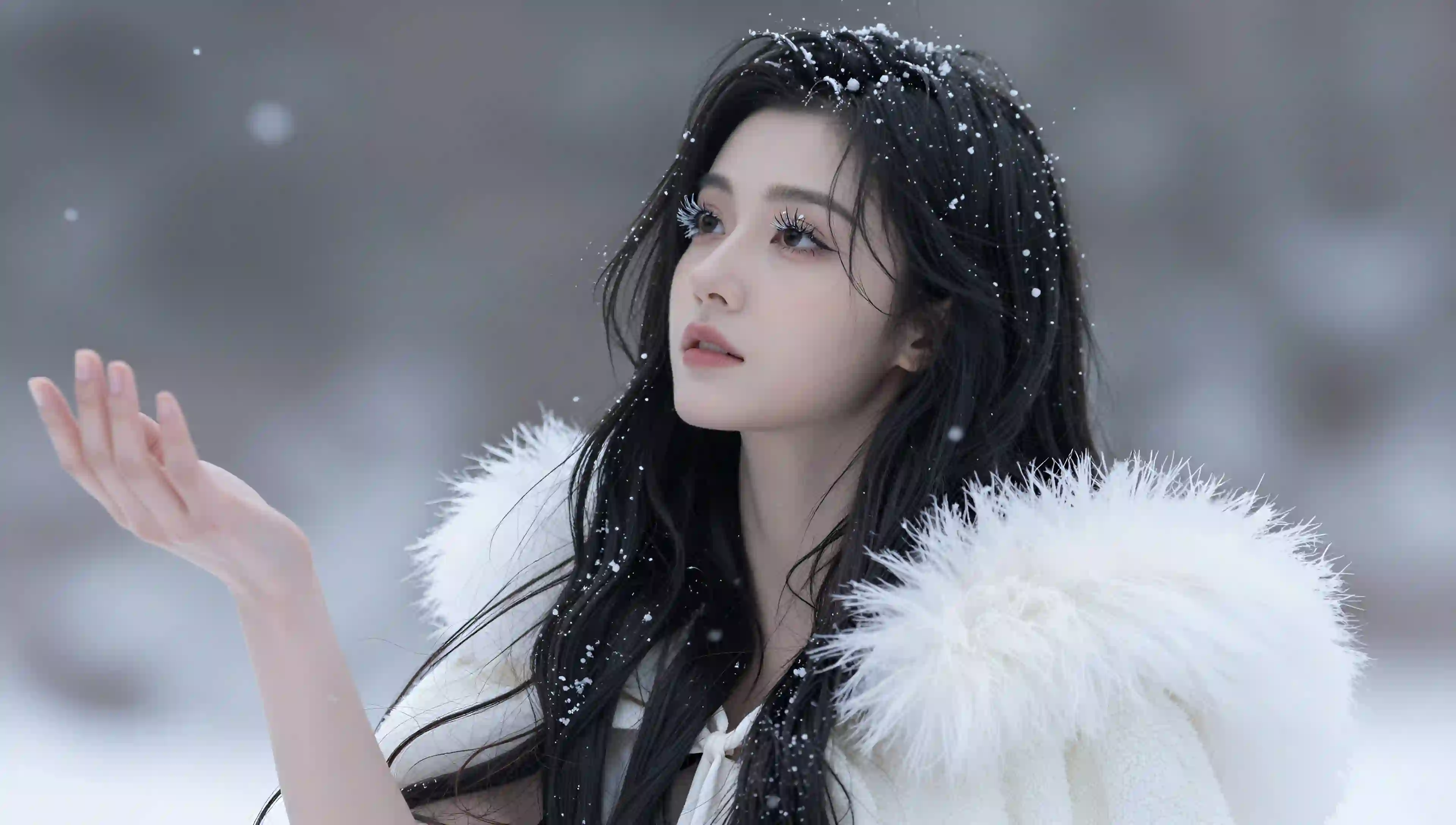 雪 美女 冬季 唯美 长发 白色羽绒服 雪花 背景