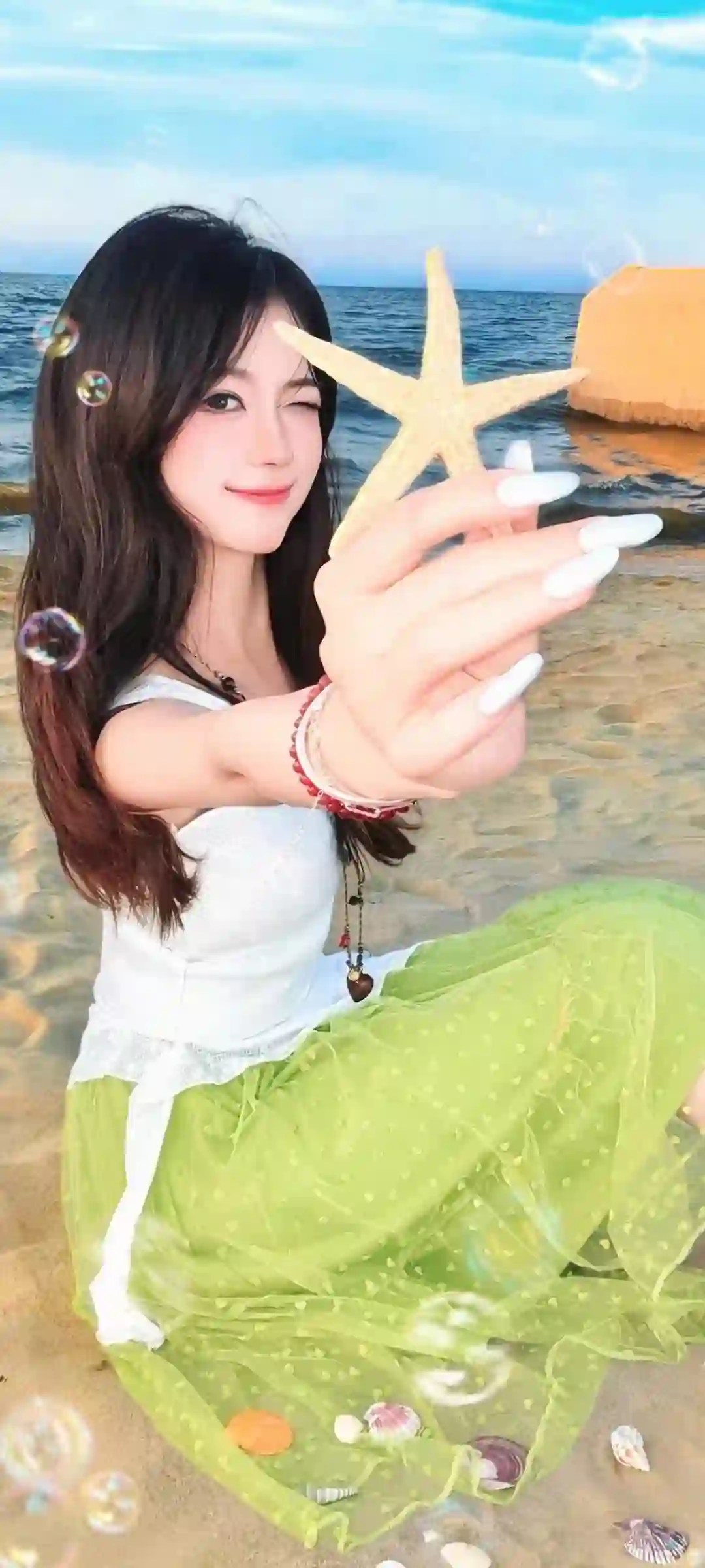 海滩少女 海星 沙滩 夏日 清新 唯美 写真 泡泡