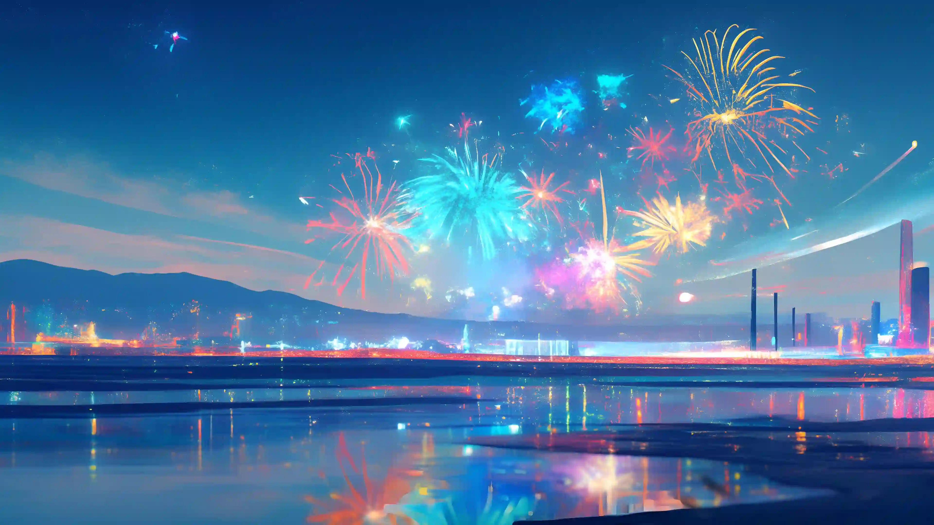 烟花 夜景 城市 水面 倒影 节日 氛围