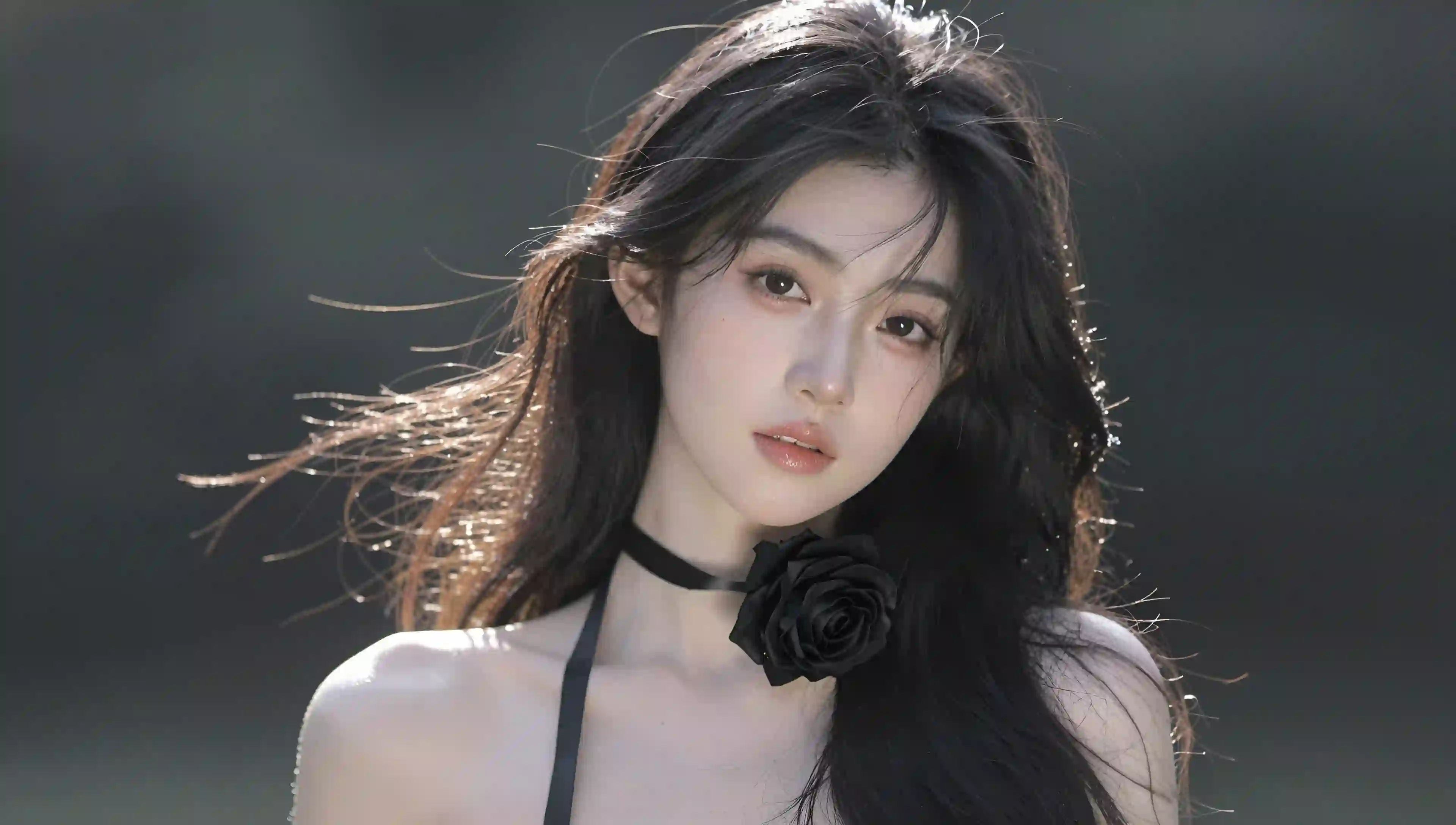长发性感美女 黑色玫瑰 吊带 户外