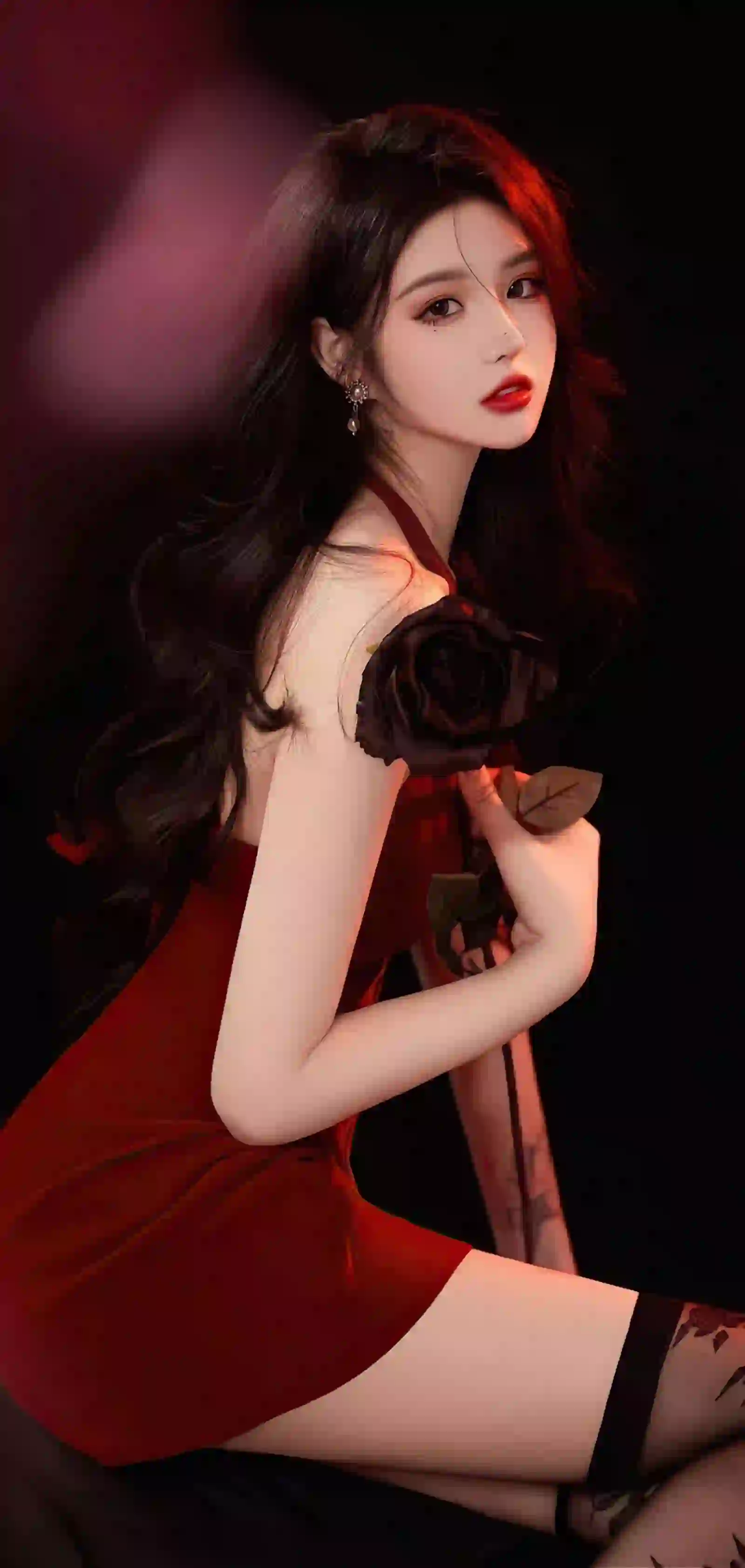长发美女 红色裙子 性感美女 黑丝美女 