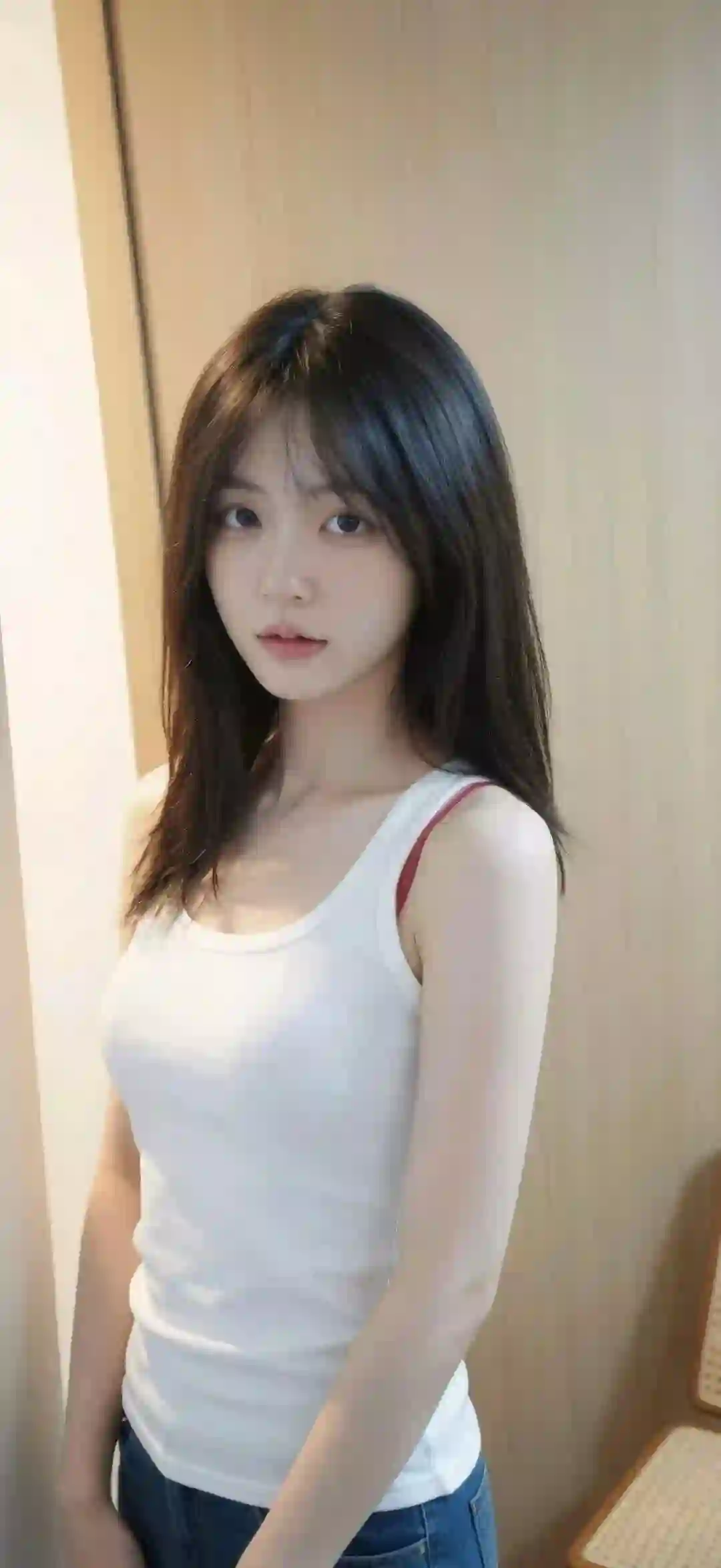 清纯美女 白色背心 长发少女 室内写真 自然光 日常穿搭