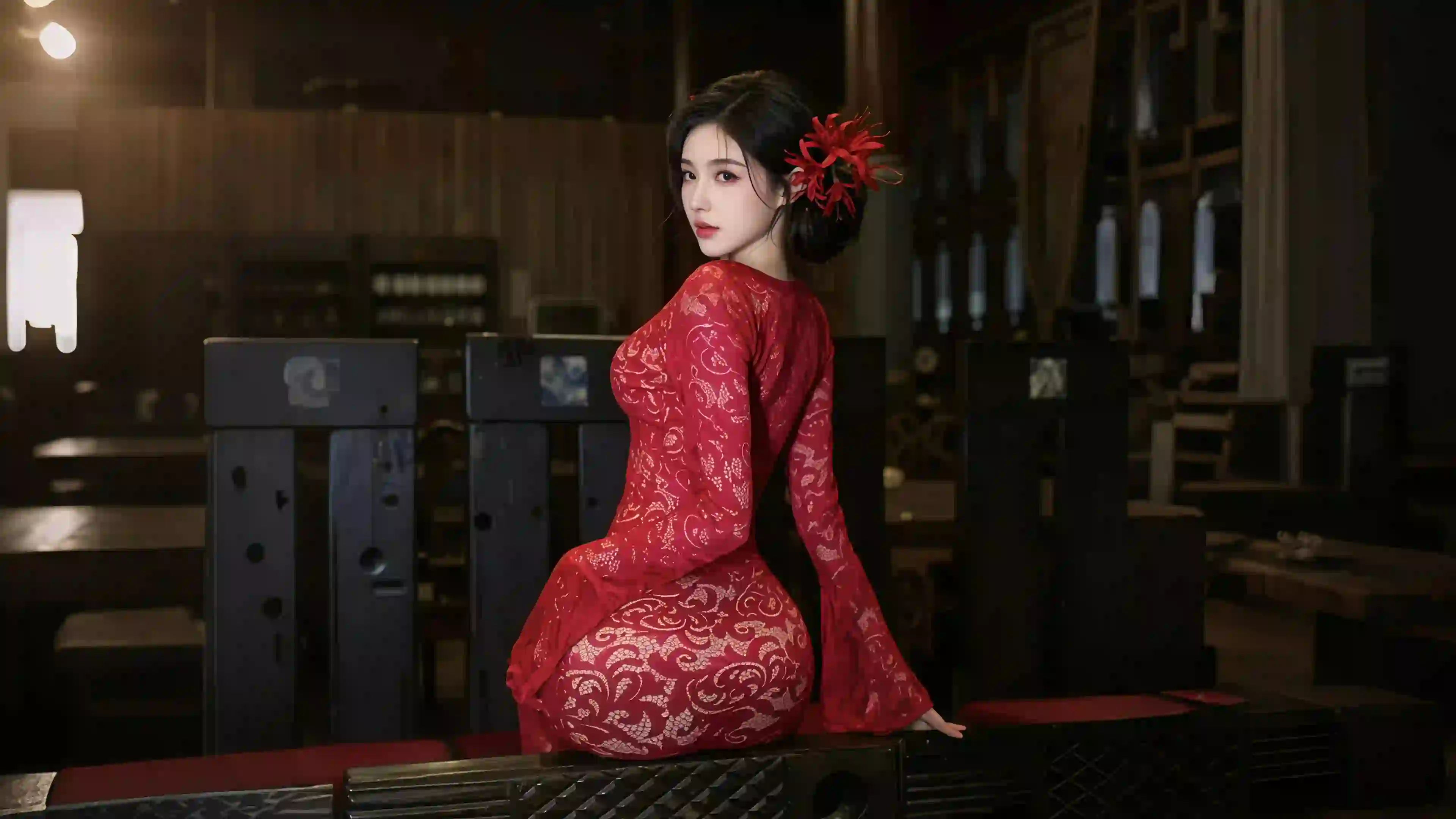 美女 长发美女 性感 红色长裙美女