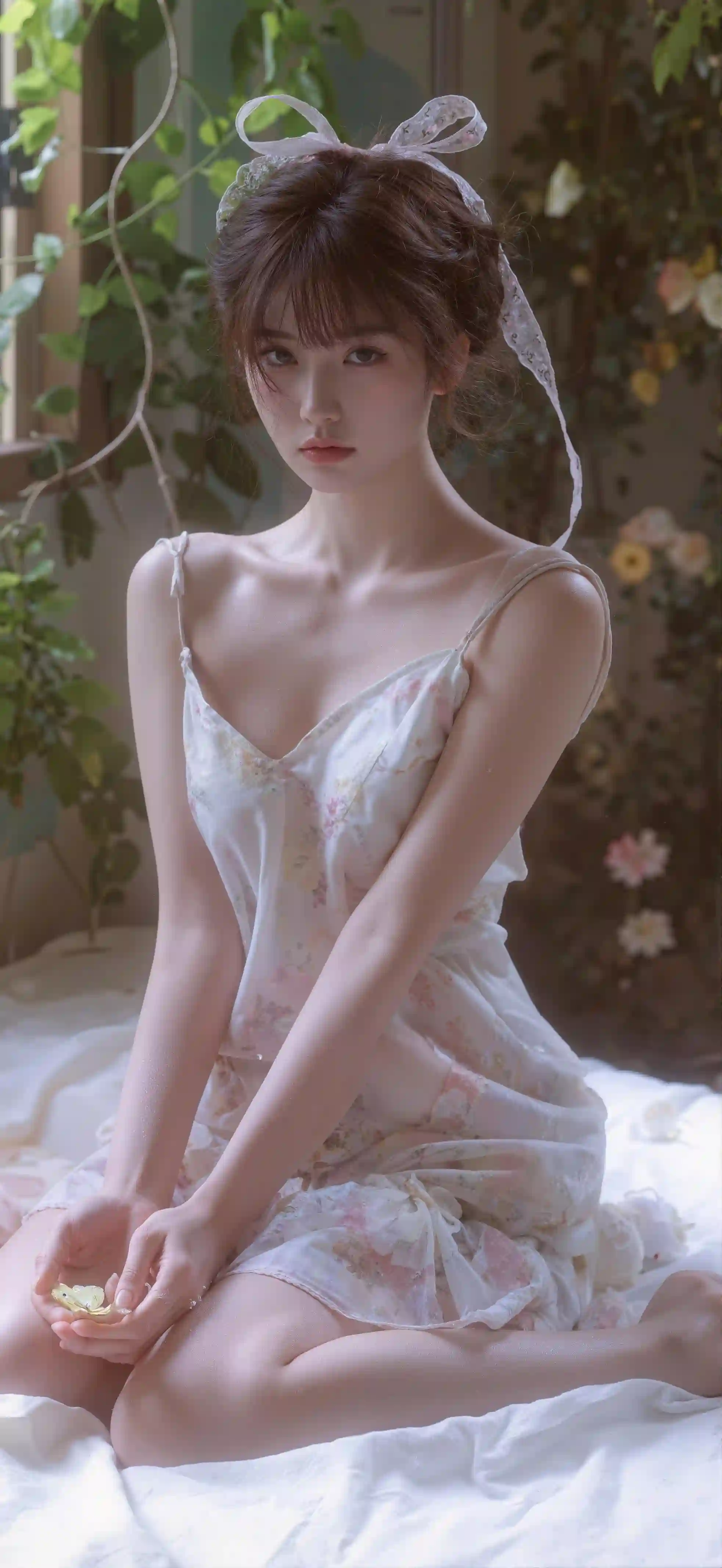 甜美清新，蹲坐在床上，穿着吊带碎花裙的美女舒适惬意手机壁纸
