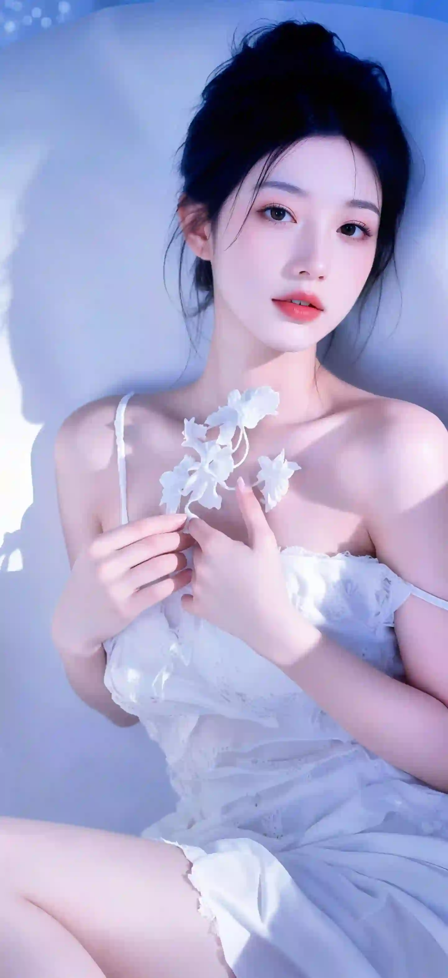 长发美女 性感 白色吊带长裙 清纯 唯美 冷色调