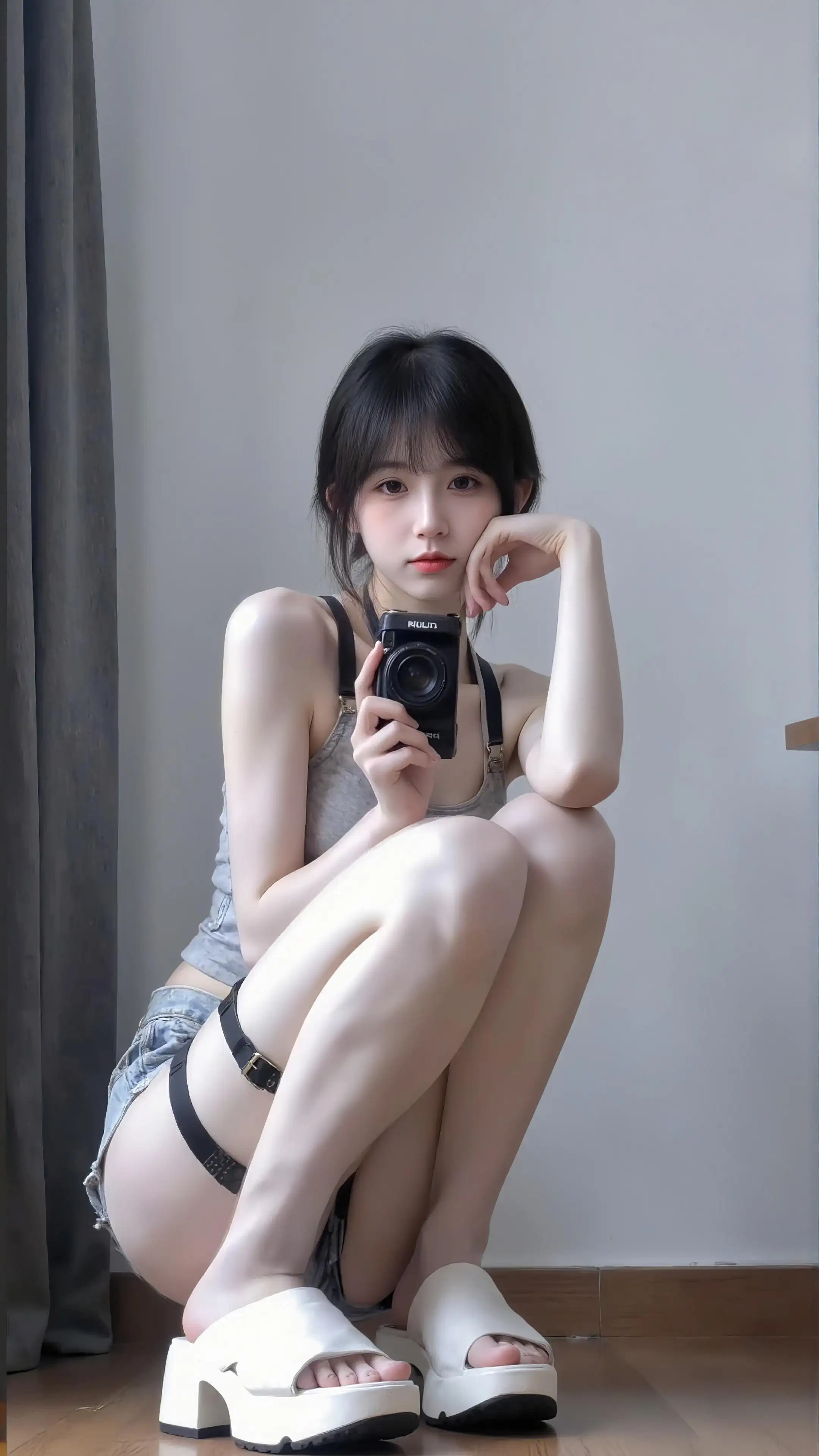 蹲在地上，手拿相机的性感背心牛仔裤短裤美女手机壁纸图片