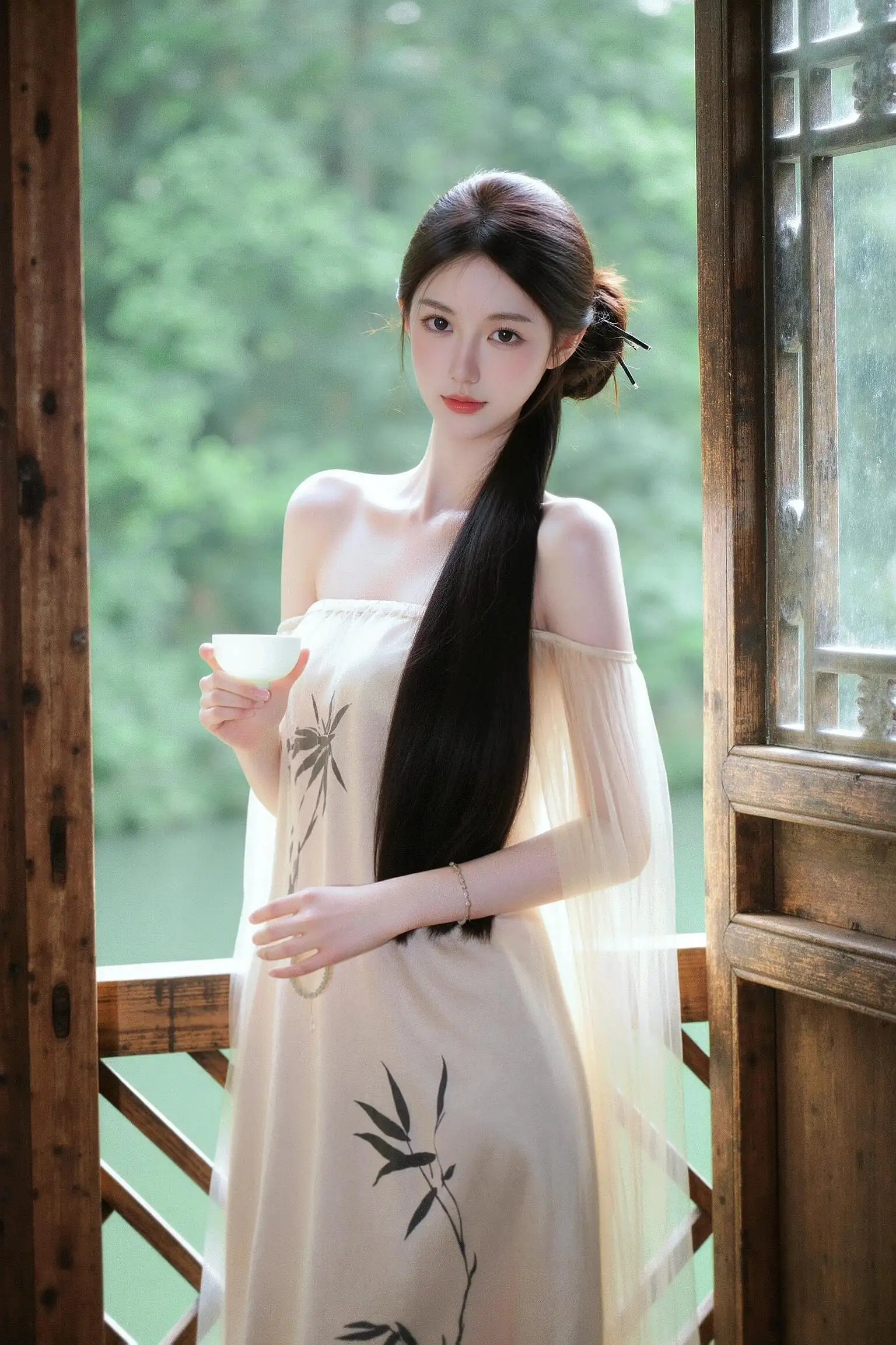 端着茶杯的长发抹胸穿搭美女 古风美女 汉服 户外