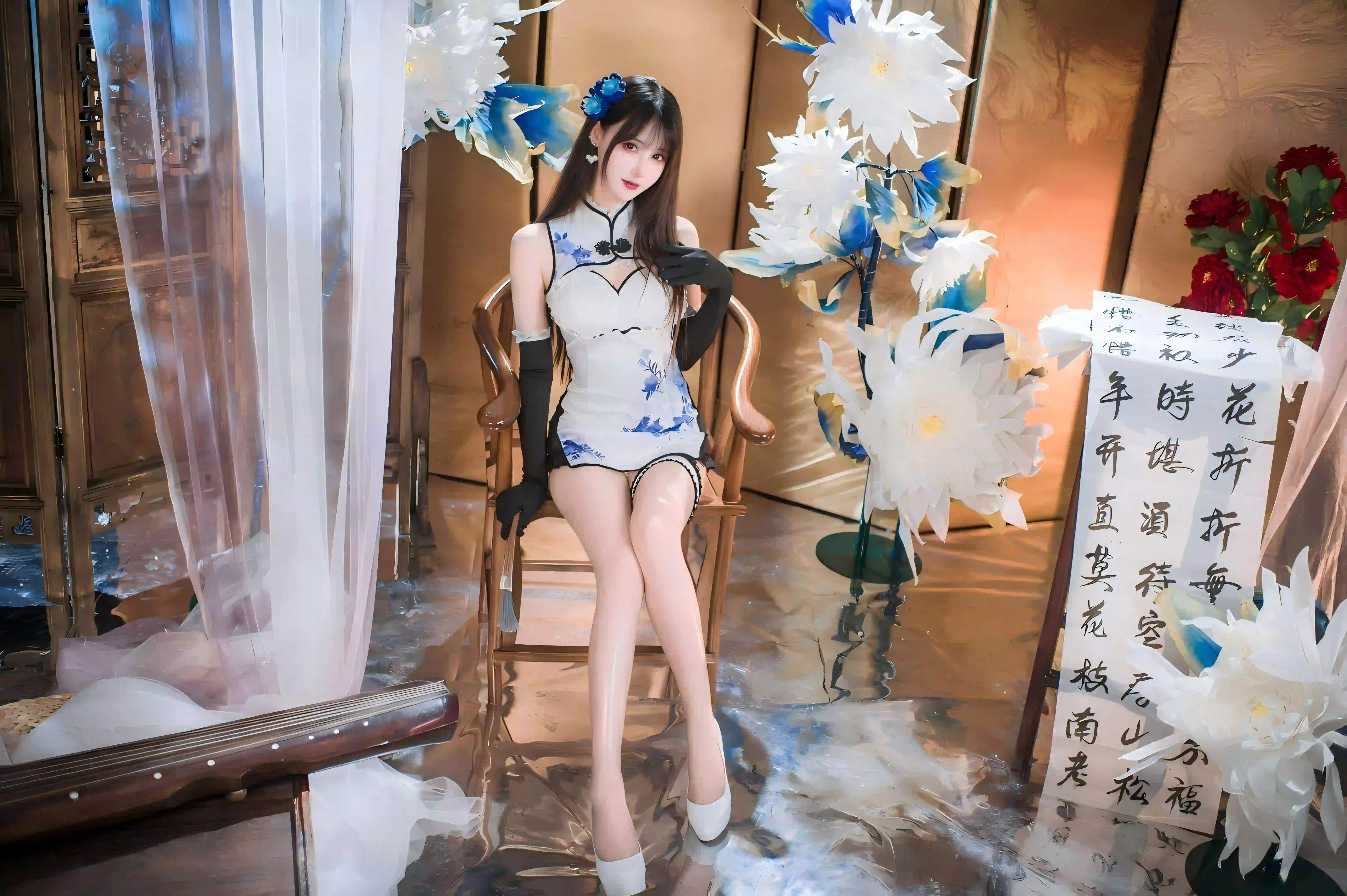 古风 旗袍 性感美女 优雅 长腿美女 花