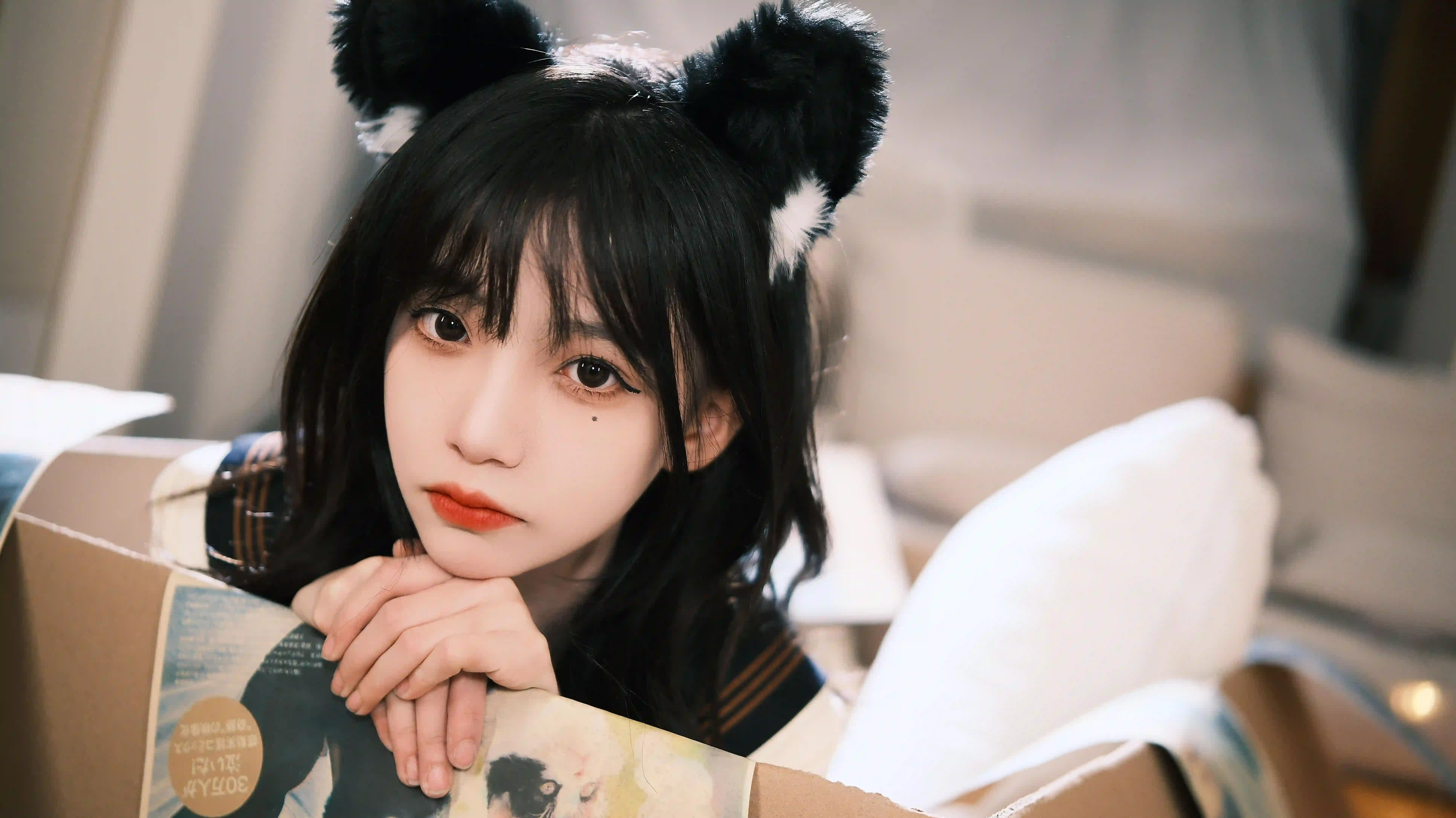 长发清纯美女 可爱猫耳 猫耳女孩 居家 