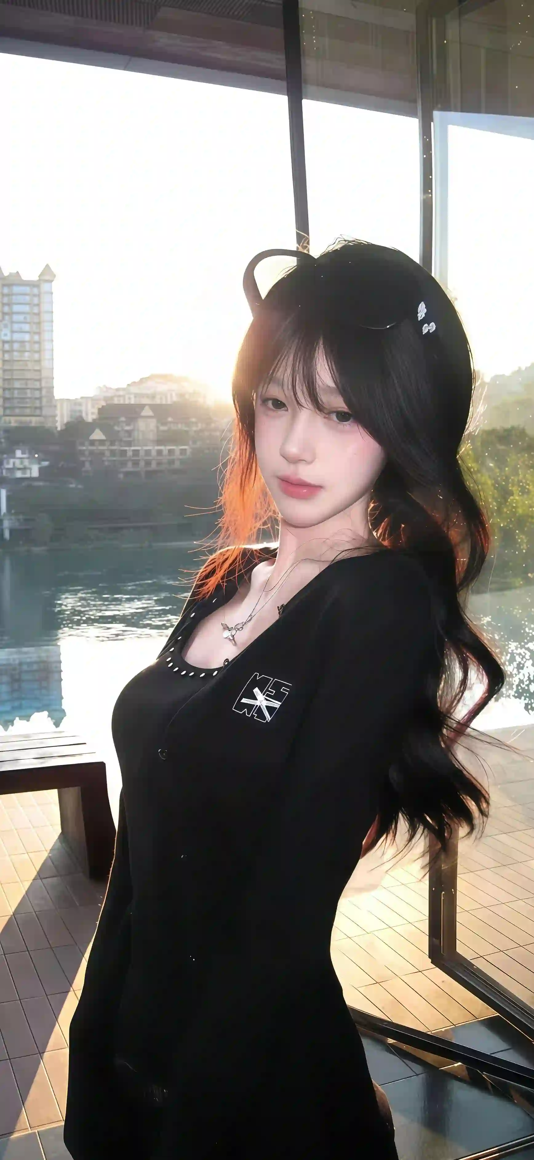 湖畔逆光少女 猫耳头饰 黑衣美女 城市景观