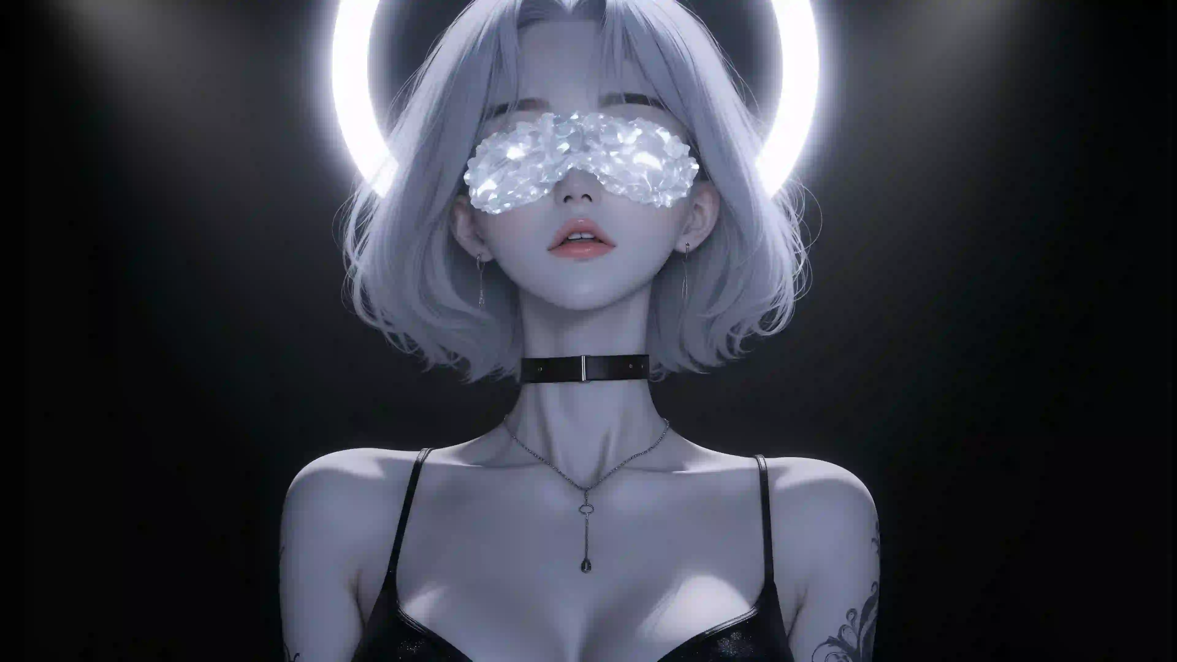 蒙着双眼的短发女孩 黑色吊带裙 性感美女