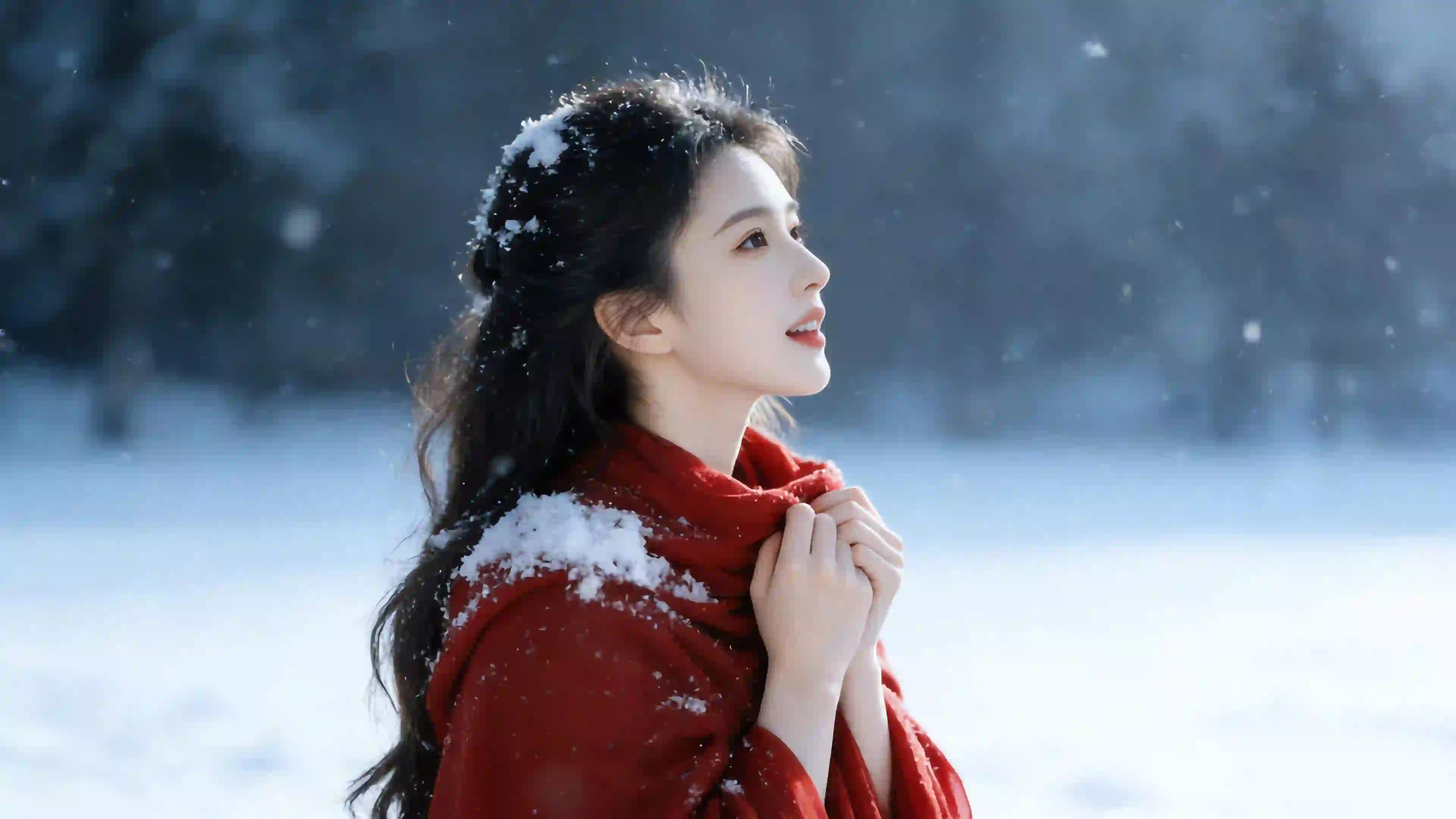 冬日雪景红衣美女抬头仰望 雪地 1