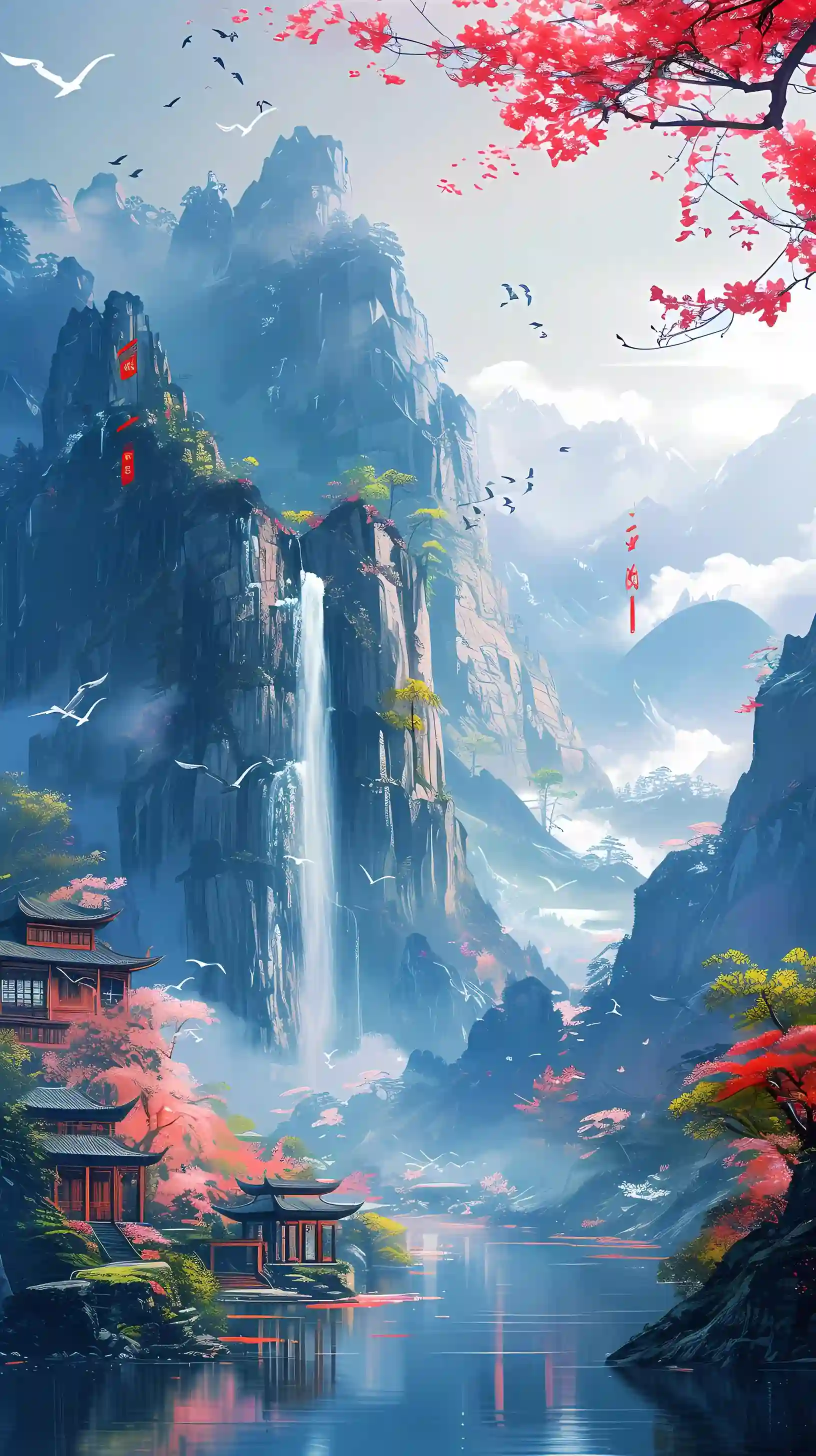 水墨山河 山水 ai 美景 红色枫叶
