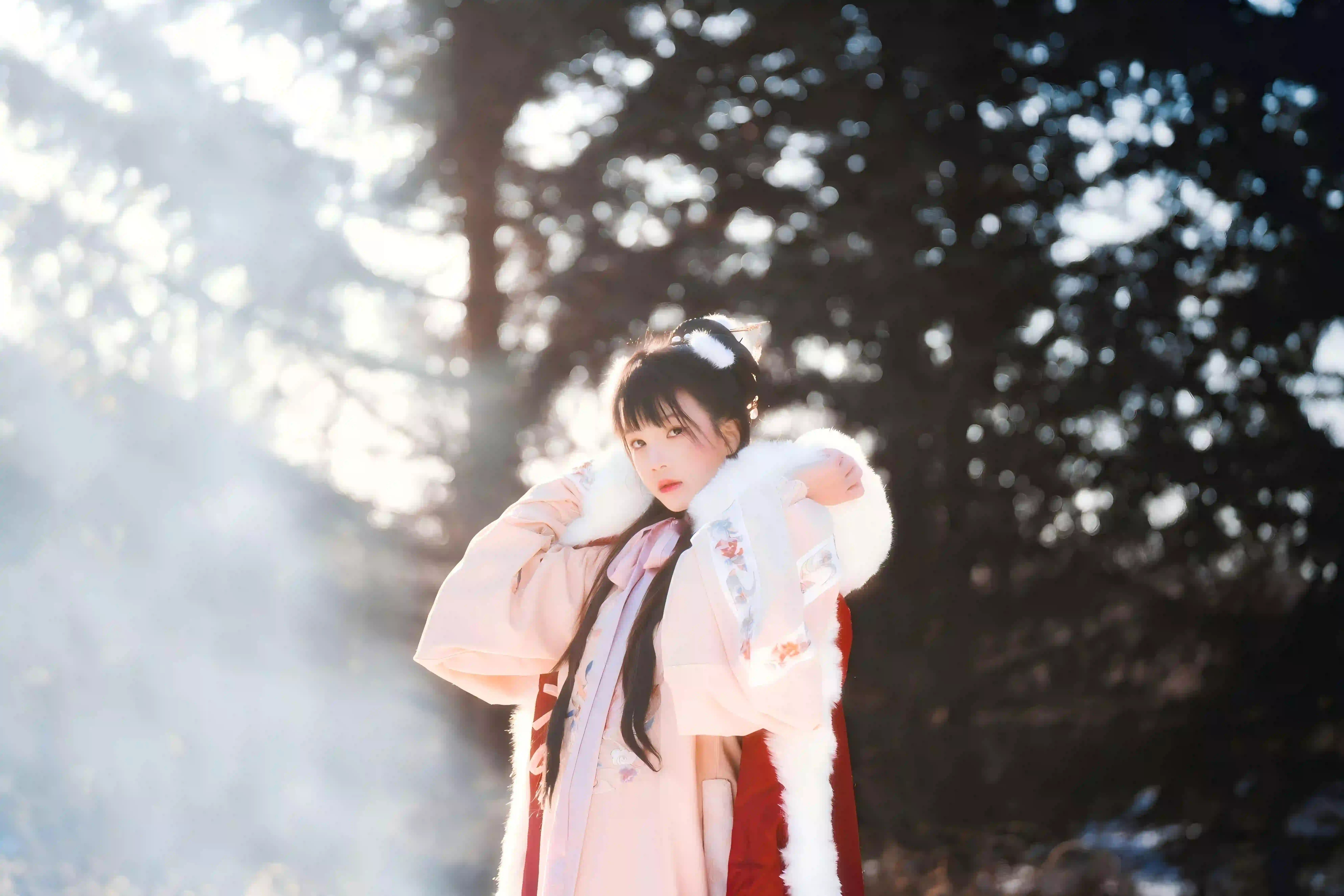 红色披风 古风汉服 冬日 汉服美女 粉色内搭