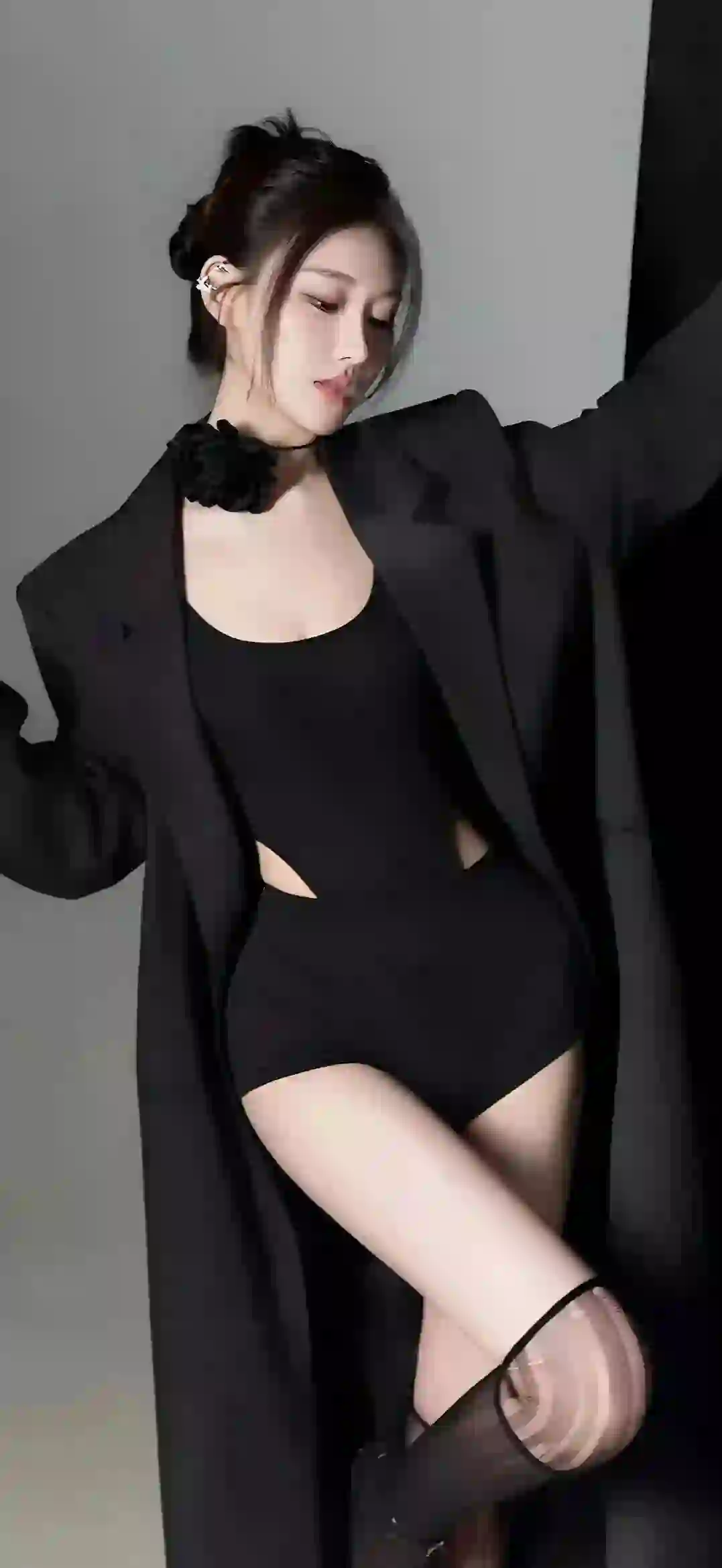 西装 个性穿搭 性感美女 唯美 黑色西装 丝袜 黑色丝袜